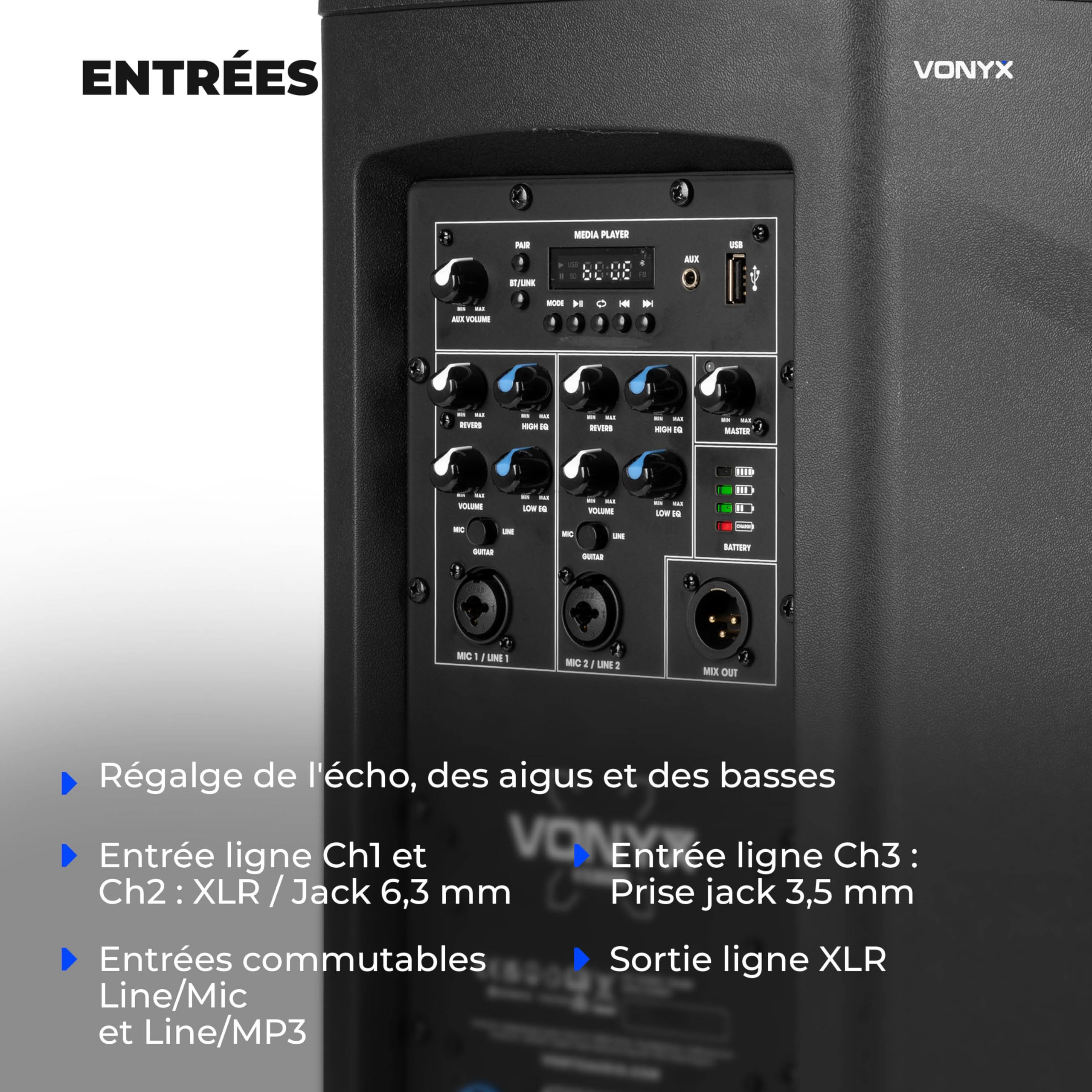 VONYX VX808B Enceinte Colonne Active 320W sur Batterie BT avec Contrôle Audio Intégré, Sono Portable DJ Extérieur et Animation
