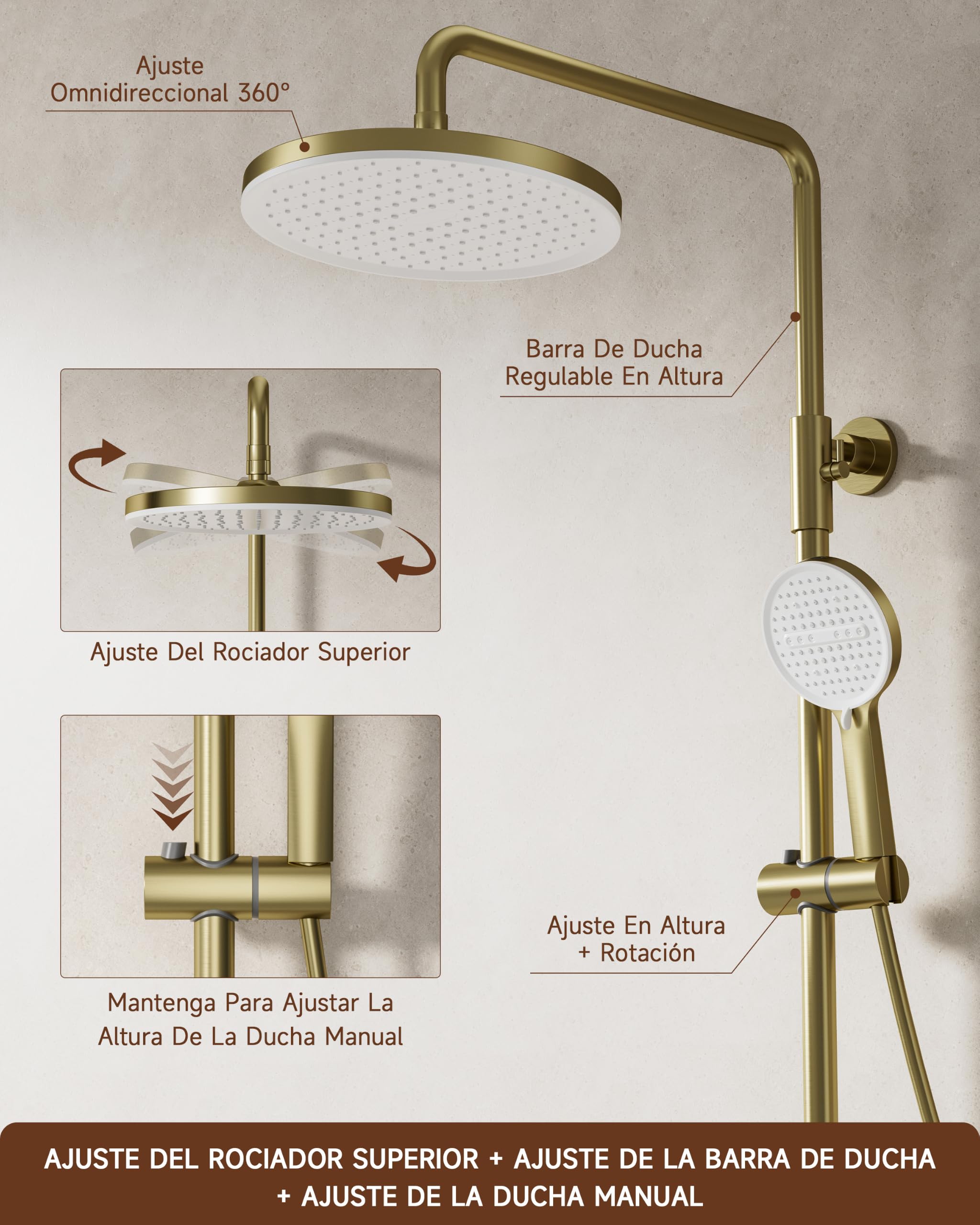 Columna Ducha, cuerpo de latón, sistema de ducha en oro cepillado