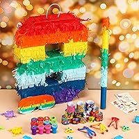 Vista 6 de Lenwen Juego de 120 piezas de piñatas arcoíris, piñata multicolor para fiesta de cumpleaños con palo para los ojos vendados y confeti Premio
