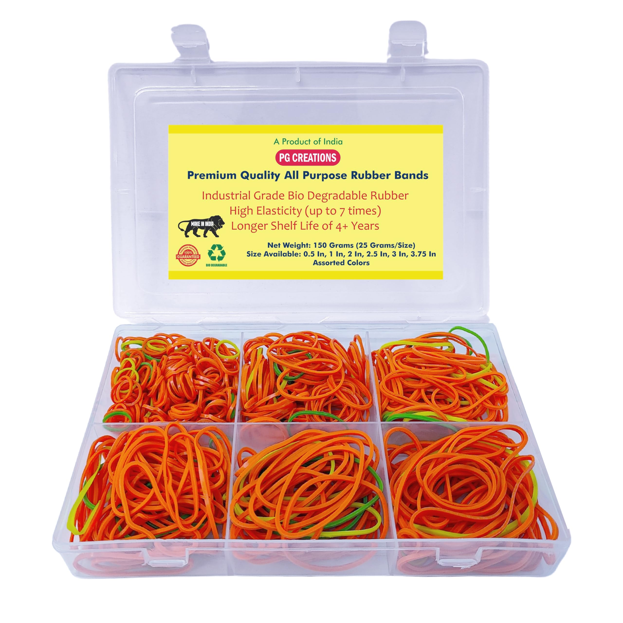 PG Creations Rubber Bands for Packaging, Kitchen, Home & Office Use, (0.5, 1, 1.5, 2, 3, 3.75) Inch, Multi, Pack of 150 Grams