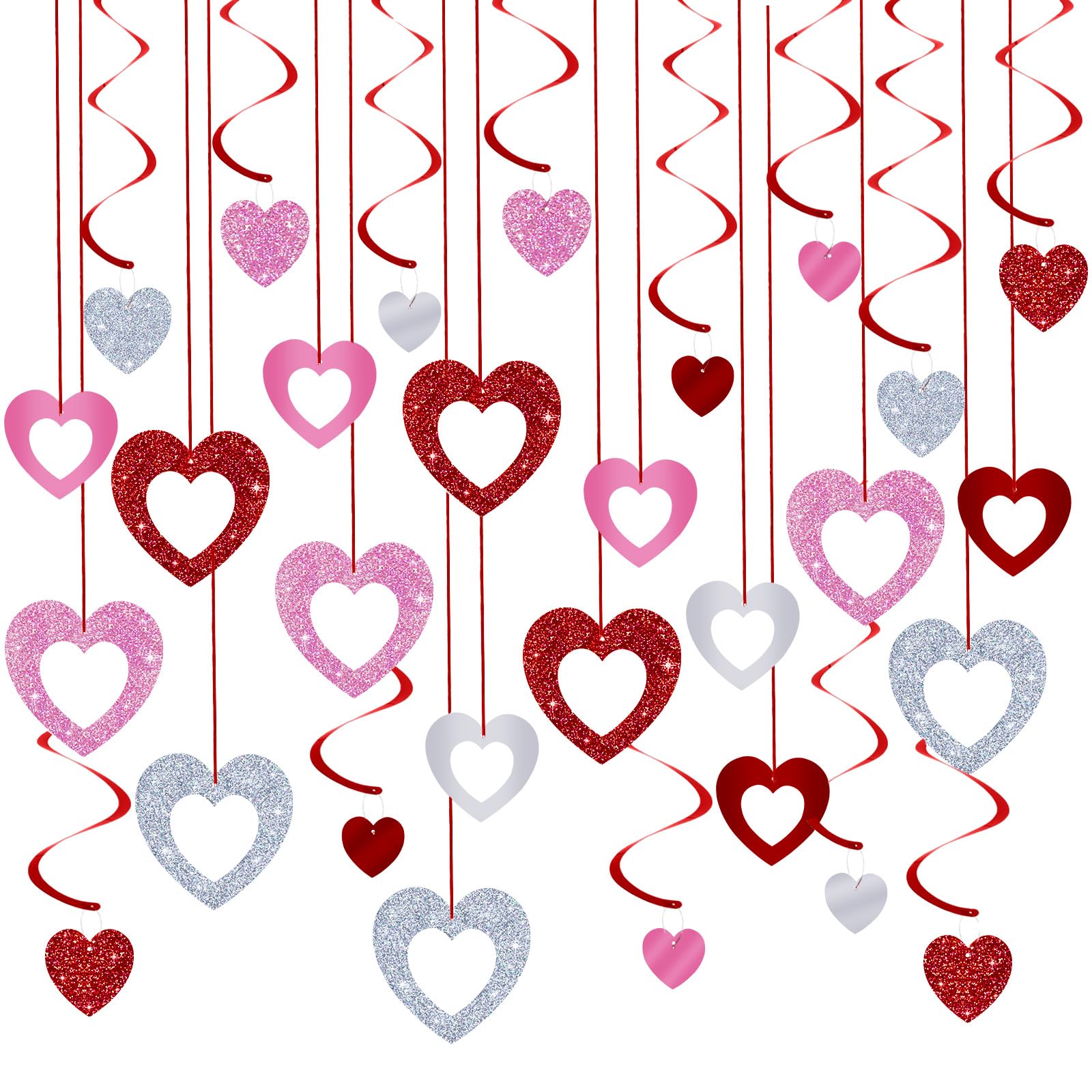 MARFOREVER Valentine's Day Garland Set: 48 Pcs Heart Decorations - Red, Pink, Silver - Cardboard PVC - Heart Shape - Perfect for Parties & Celebrations
