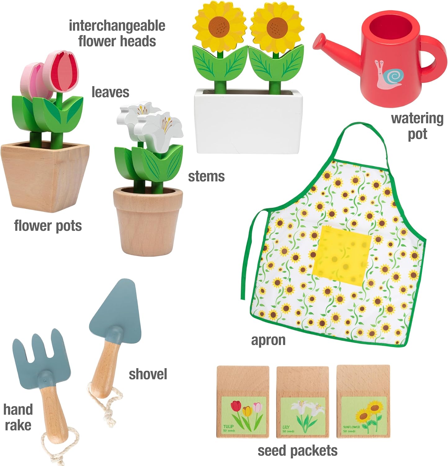 Bloom & Grow Gardening Center Wooden Toy Indoor Playset- Kids Easter Gift- 22 Pc Garden Stand Set w Flowers, Seed Packet, Pots Shovel Rake Apron Watering Pot- Interactive Fun Pretend Playtime Activity