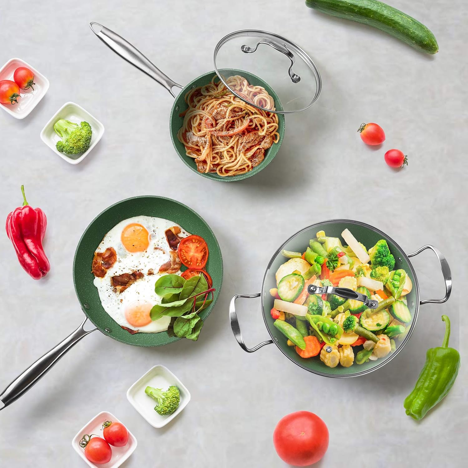 🛒 Crаzу Dеаlѕ Mergren Pans Set Non Toxic kitchen Pots Stylish NonStick Cookware Sets, Nonstick Pots And Pans Set With Tempered Glass Lid, Induction Pots and Pans Set with Stainless Steel Handle, Avocado Green