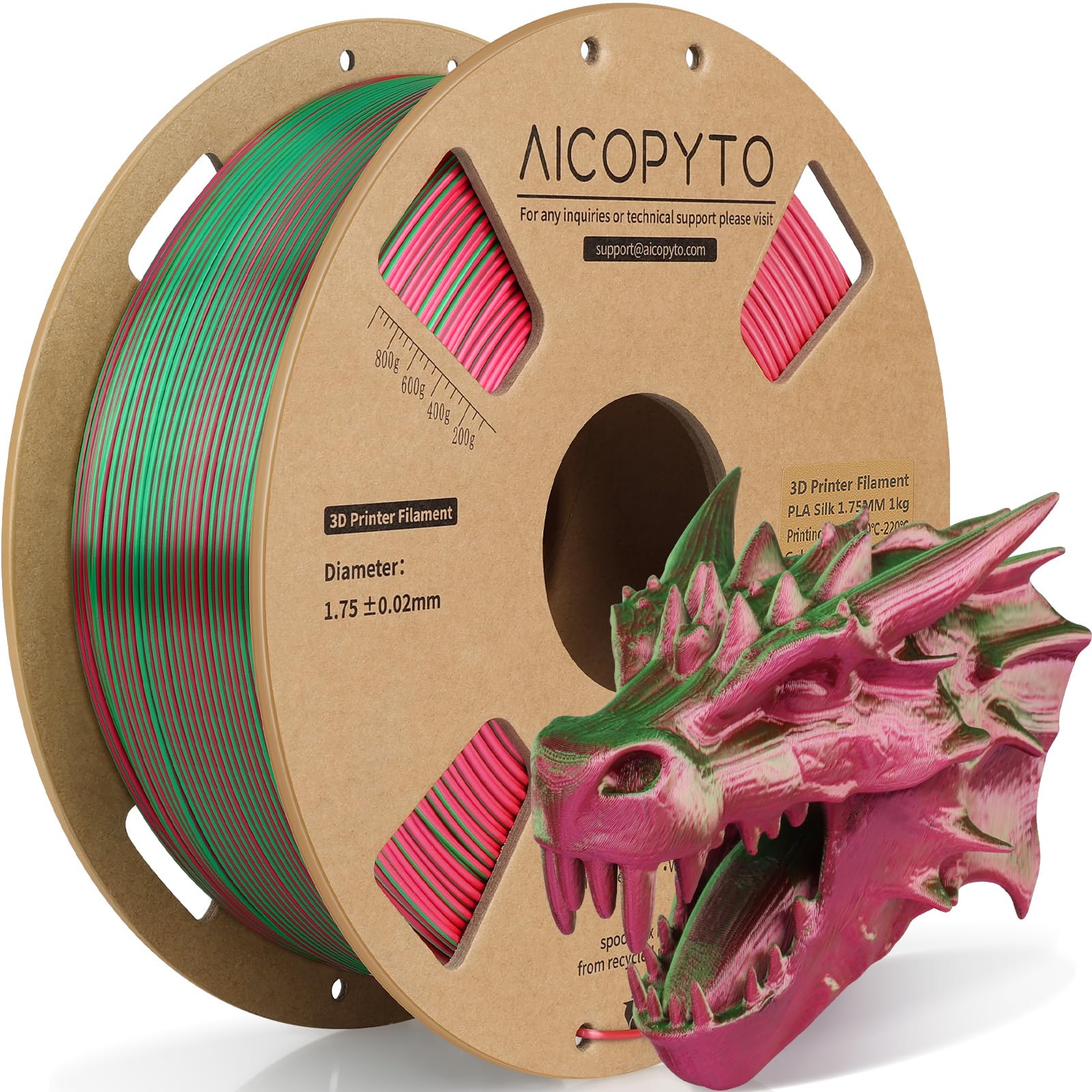 3D Printer Silk PLA Filament 1.75mm, Shiny Dual Color Red Green, Dimensional Accuracy +/- 0.02 mm, 1KG (2.1lbs)/Spool Easy to Print for Most FDM 3D Printers