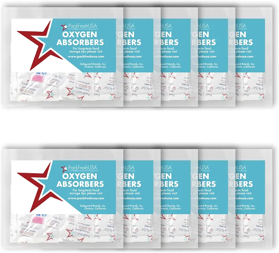 PackFreshUSA: Pacotes de compartimento absorvente de oxigênio 300cc - grau alimentício - preservação de alimentos - Guia de armazenamento de alimentos de longo prazo incluído (50 unidades (10 pacotes