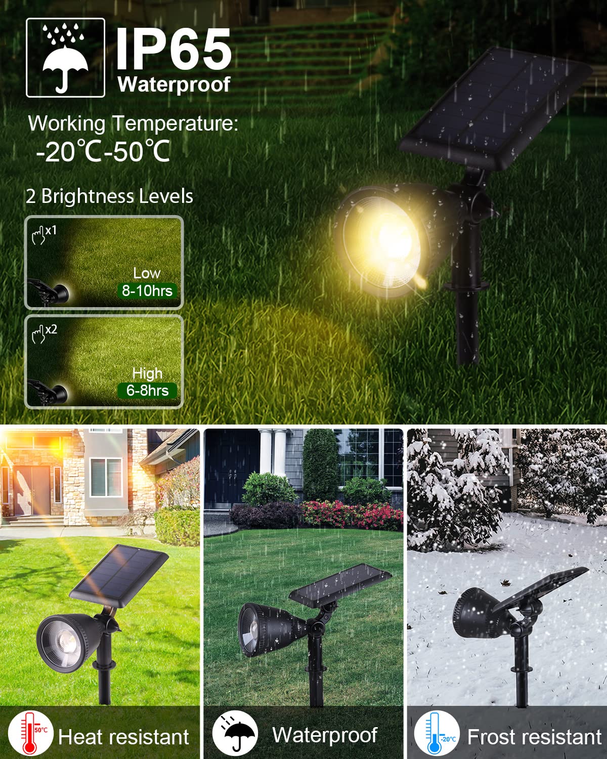 BLOOMWIN Focos LED Exterior Solares - 2 Pack Luz Solar Exterior Jardín Blanco Cálido Impermeable IP65, Lamparas de Césped Foco Proyector Suelo con Estaca Iluminación Jardineria Árboles Plantas Patio