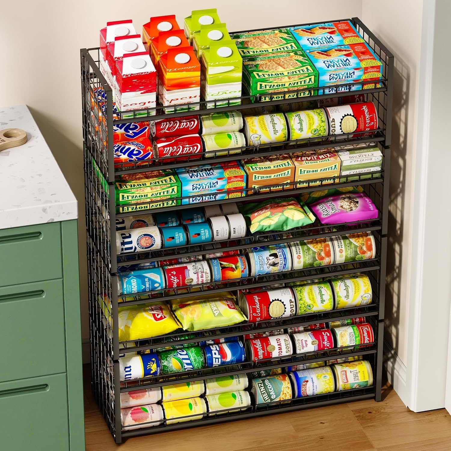 jksmart 2-tier stackable can rack organizer for pantry shelf, extra-long can holder for kitchen organization,heavy duty can dispenser for canned food soup goods up to 54 in cabinet storage, black length(30'')-2 tier