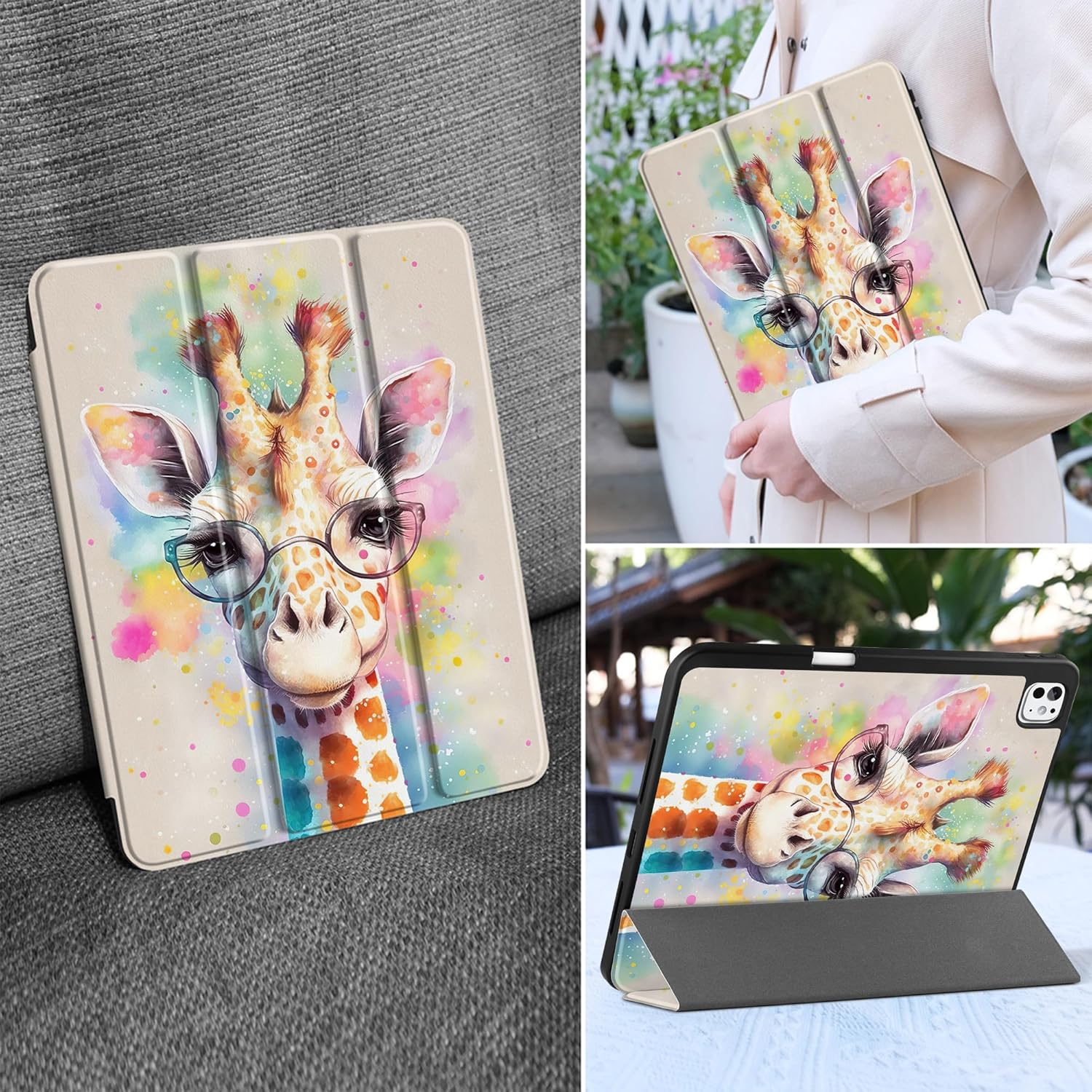 MEEgoodo Case for M5 iPad Pro 13 inch 2025/M4 iPad Pro 13 inch Case 2024, Tablet Cover with Trifold Stand + Pencil Holder + Auto Wake/Sleep + Soft TPU Back Cover, Giraffe