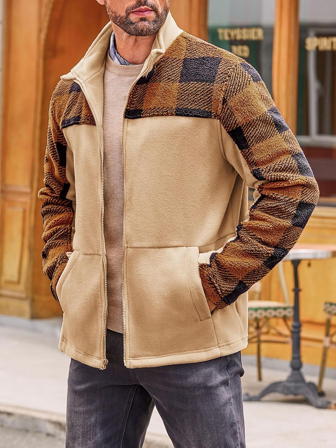 Beotyshow Mens Soft Polar Fleece Jacket Zip Up Printed Coat Casual Tribal Aztec Midweight Winter Outfits - Image 4