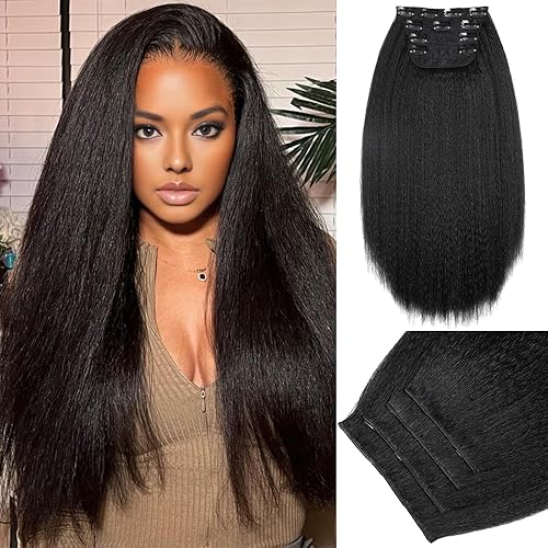 Miniatura 9 de WIGNEE Extensiones de cabello lacio tipo afro con clip, 4 piezas Yaki lacio con trama de encaje, 14 pulgadas, negro natural para mujeres negras, sin