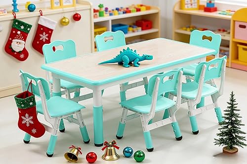 Vista 14 de Moderno juego de mesa y 6 sillas para niños, mesa ajustable en altura de 47.20" para niños pequeños y conjunto de 6 sillas con patas de escritorio