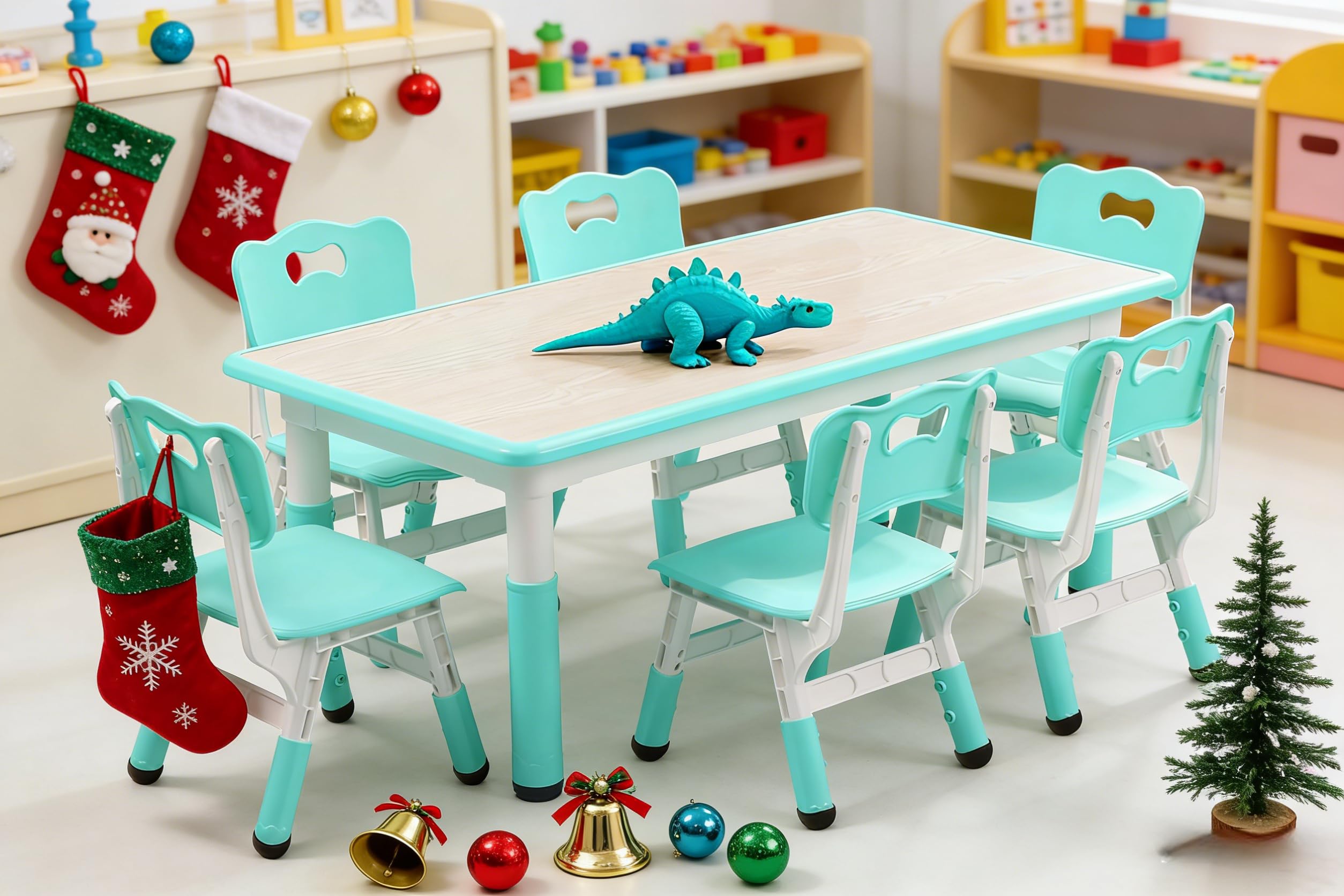 Modern Kids Table and 6 Chair Set,47.20"Height Adjustable Toddler Table and 6 Chairs Set With Non-Slip desks Legs&Organizer Graffiti Desktop,Preschool