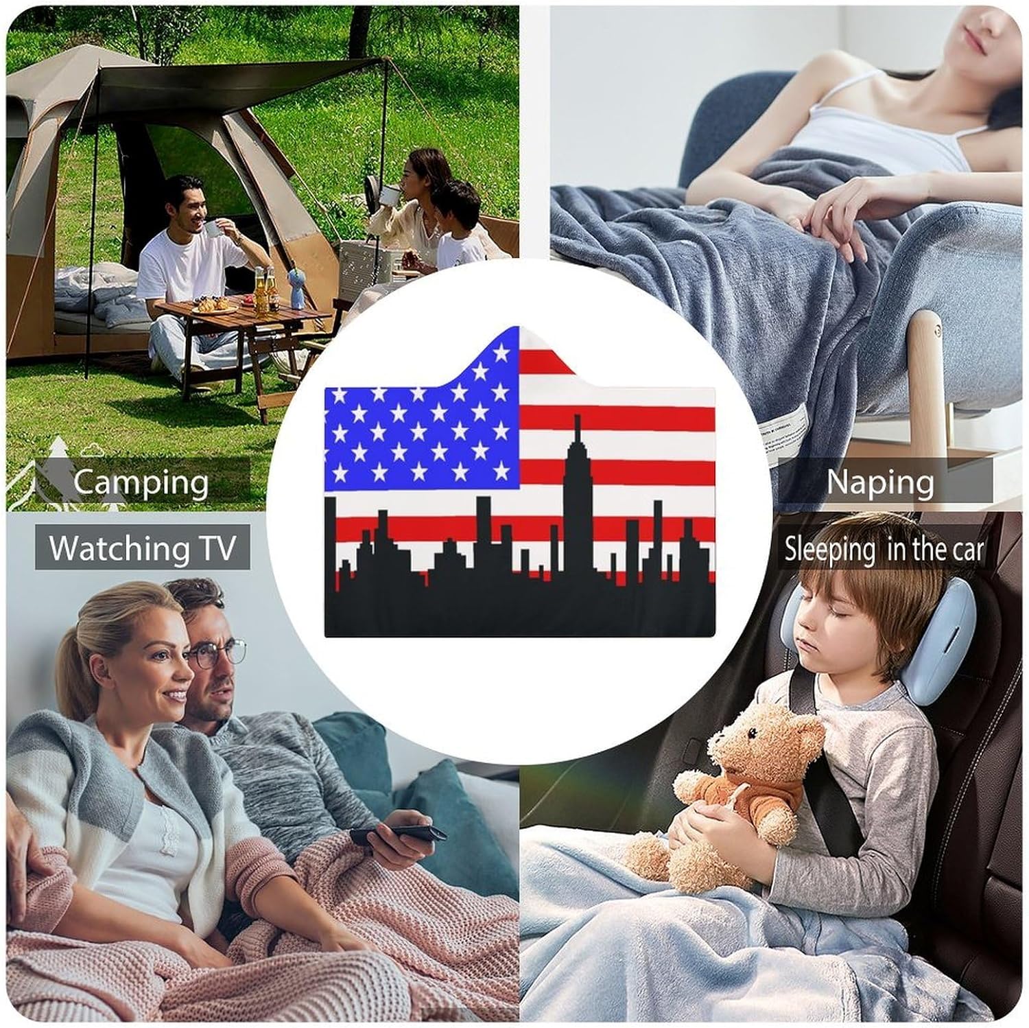 U.S.A New York Skyline Flag Fashion Wearable Blanket Hoodie Fleece Throw Cloak Robe Unisex