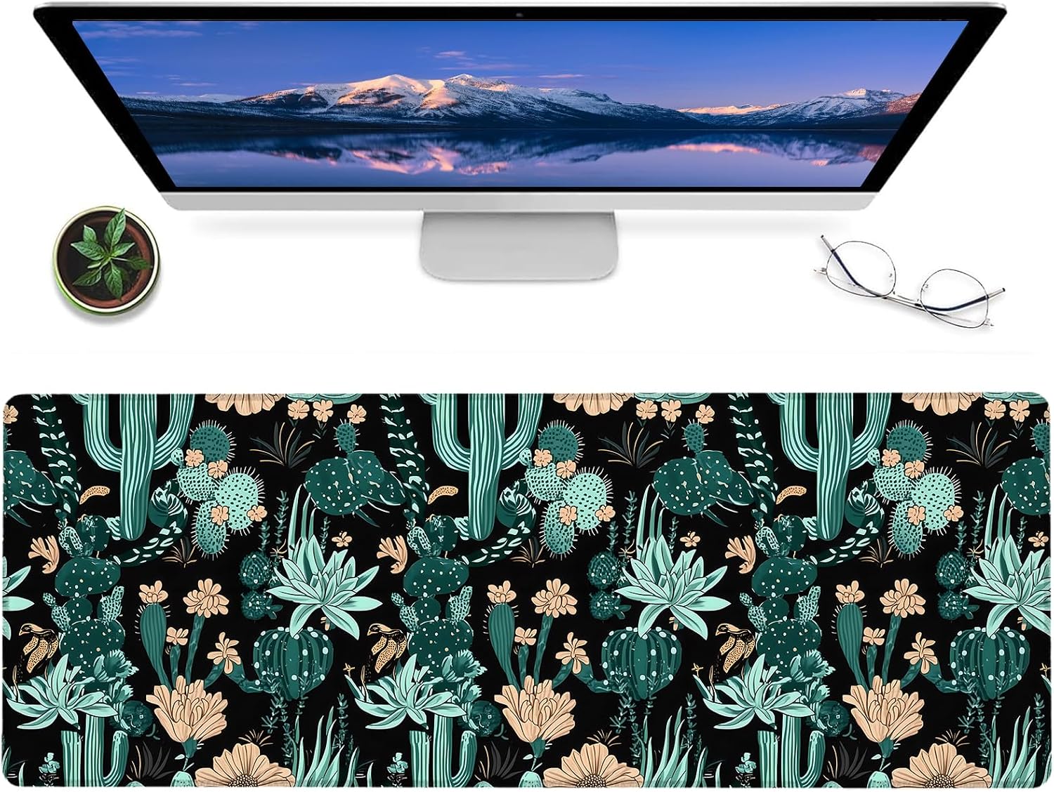 Cactus Gaming Mouse Pad,12x31.5in Non-Slip Rubber Desert Bold Green Desk Mat,Large Extended Beige Succulent Cacti Mousepad for Office Home Laptop,Mice Pads Gifts,Game Lover Deskmat Decor