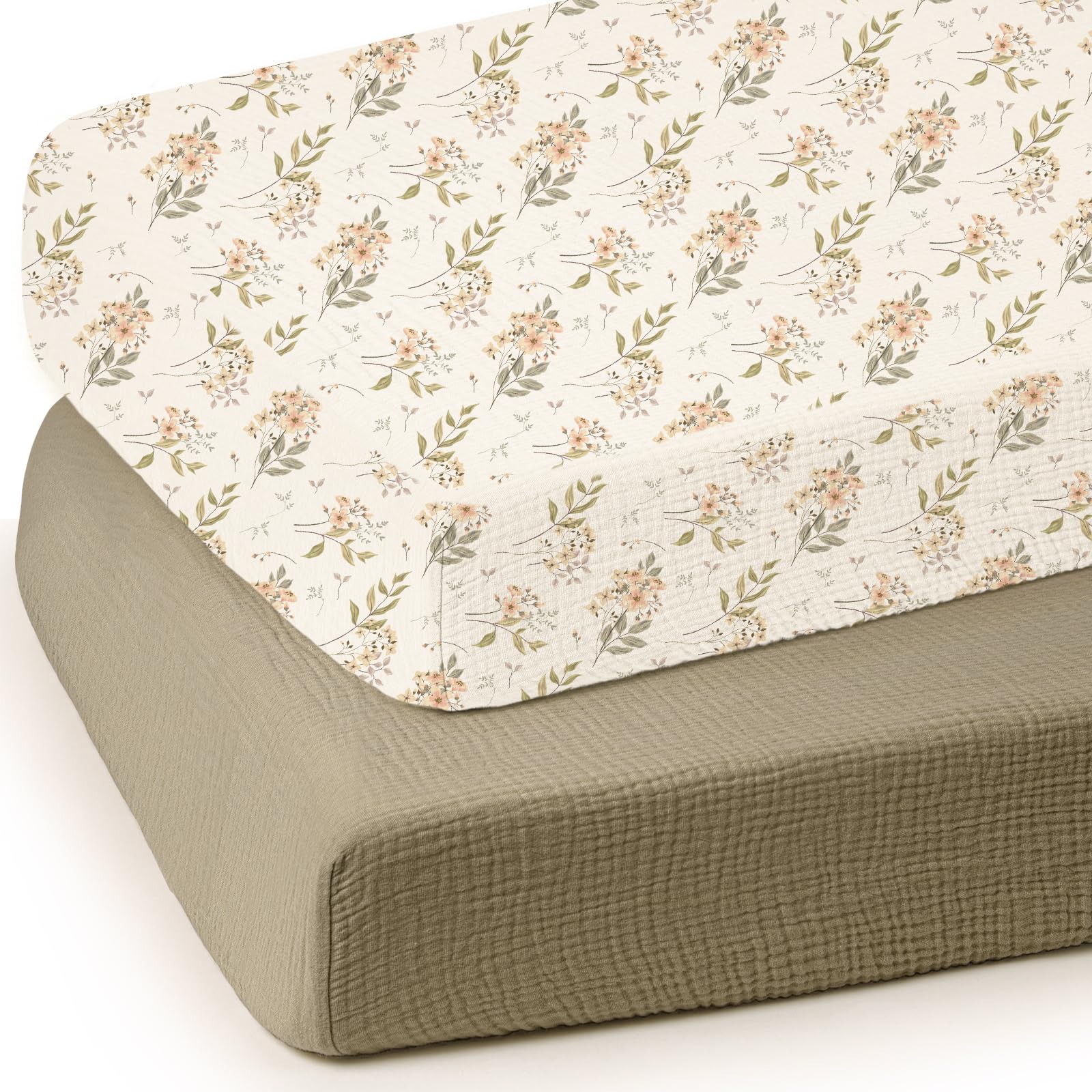 lulumoon Lenzuola per culla con angoli: lenzuola in mussola di cotone morbido per culla standard, motivo floreale verde oliva per ragazze, confezione da 2