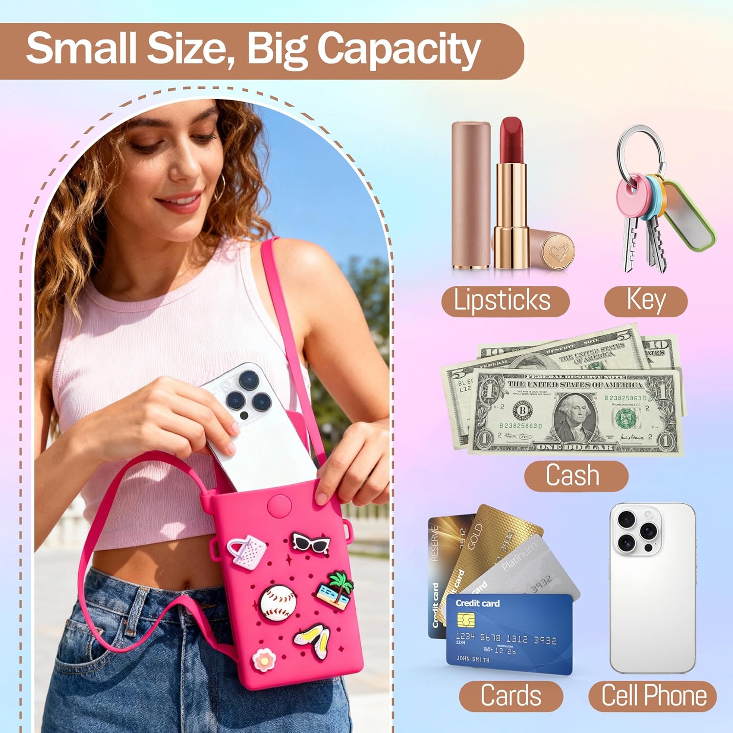 Silicone Crossbody Bag for Women with Magnetic Closure, Adjustable Strap Fits iPhone,Cute Mini Phone Crossbody Bag DIY Charms for Travel,Beach,Stocking Stuffer Gift Hot Pink - Image 2