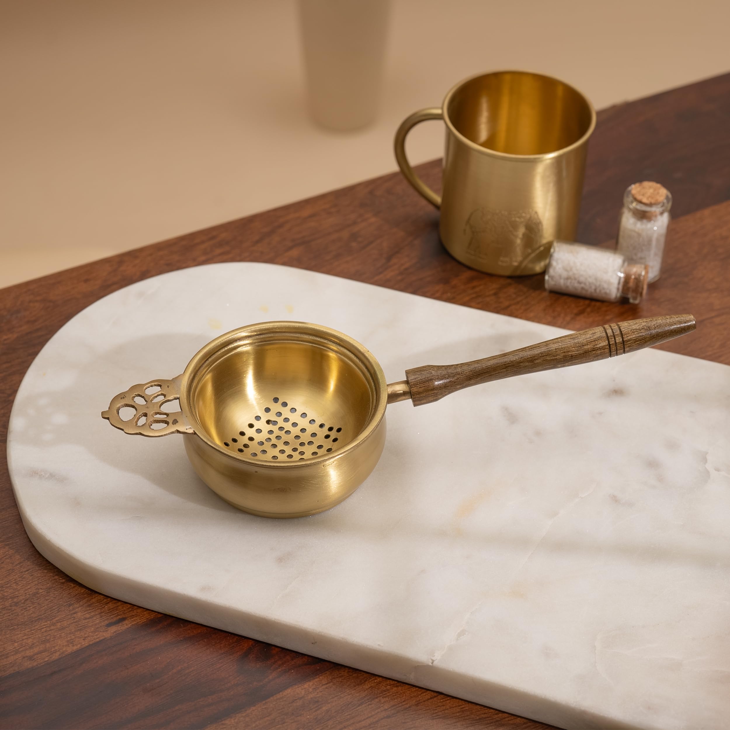 Veda Essentials. Handcrafted Brass and Wood Tea Strainer - Elegant and Functional Kitchen Accessory