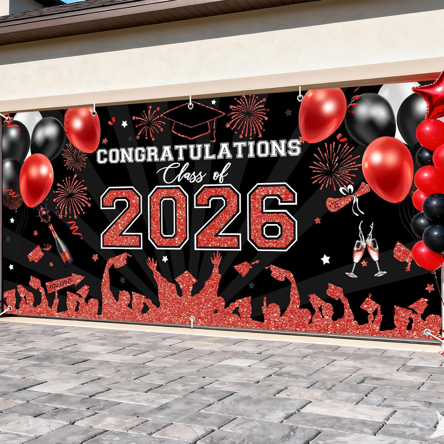 Avezano 2026 Graduation Garage Door Banner Congratulations Class of 2026 Garage Door Cover Backdrop Red Black Congrats Grad Party Decoration Background 6 x 13 ft