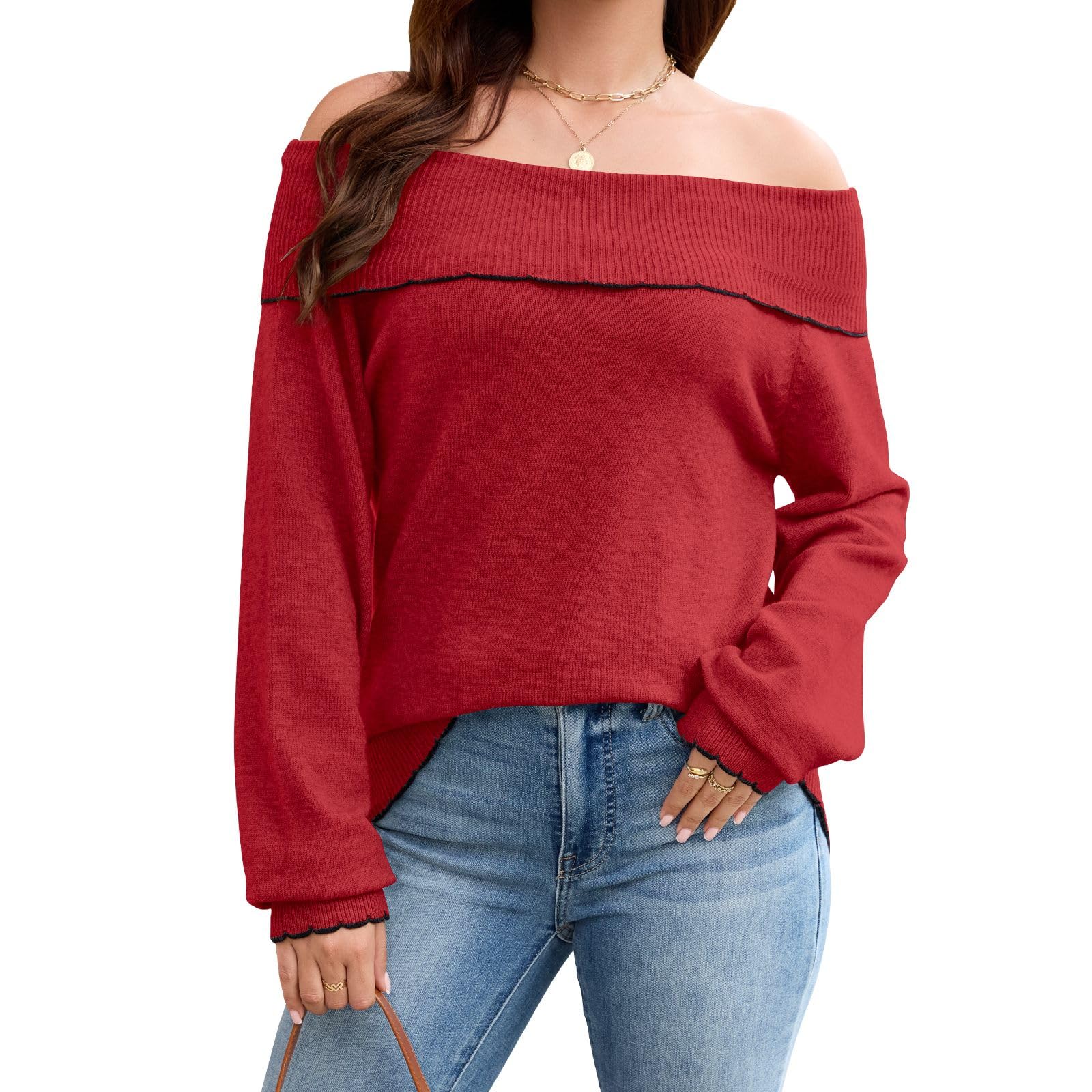 Womens Off The Shoulder Sweater Long Sleeve Oversized Sweaters Casual Loose 2025 Fall Winter Pullover Tops Trendy Clothes