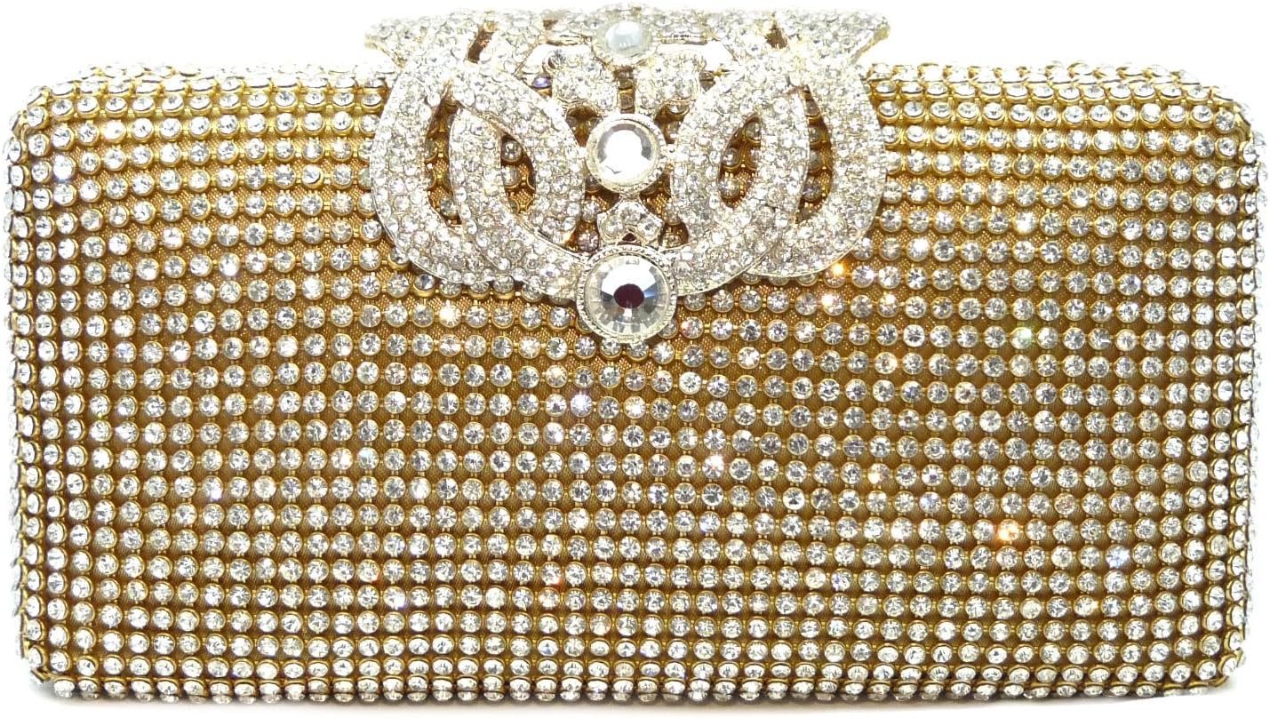 Crown Crystal Pave Evening Handbag Hard Case Clutch Bag Purse for Women with Detachable Chains (Gold)