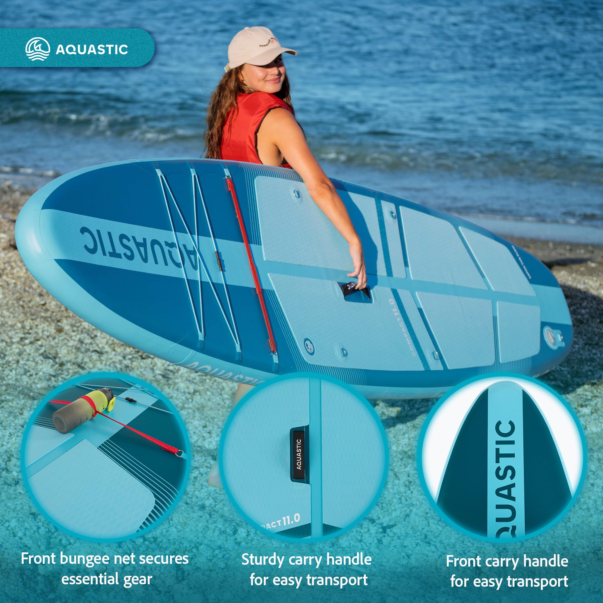 AQUASTIC Compact 11'0 SUP Board Set do wszechstronnego wiosłowania | 335 x 81 x 12 cm, do 100 kg, składane; w zestawie wiosło, pompka, plecak, smycz i 2 płetwy wsuwane