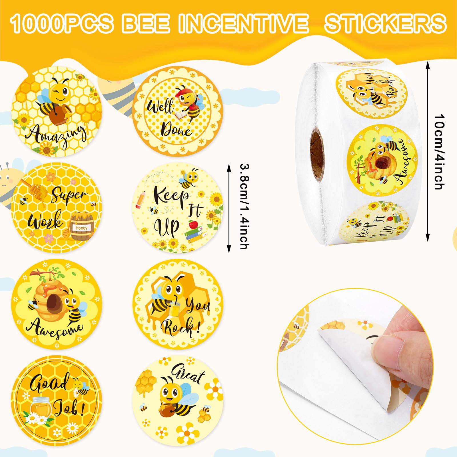 Whaline 1000Pcs Bee Incentive Stickers Cute Honeybee Round Student Reward Stickers Motivational Sunflower Bee Label Decals for for Back to School Party Classroom School Supplies - Image 2
