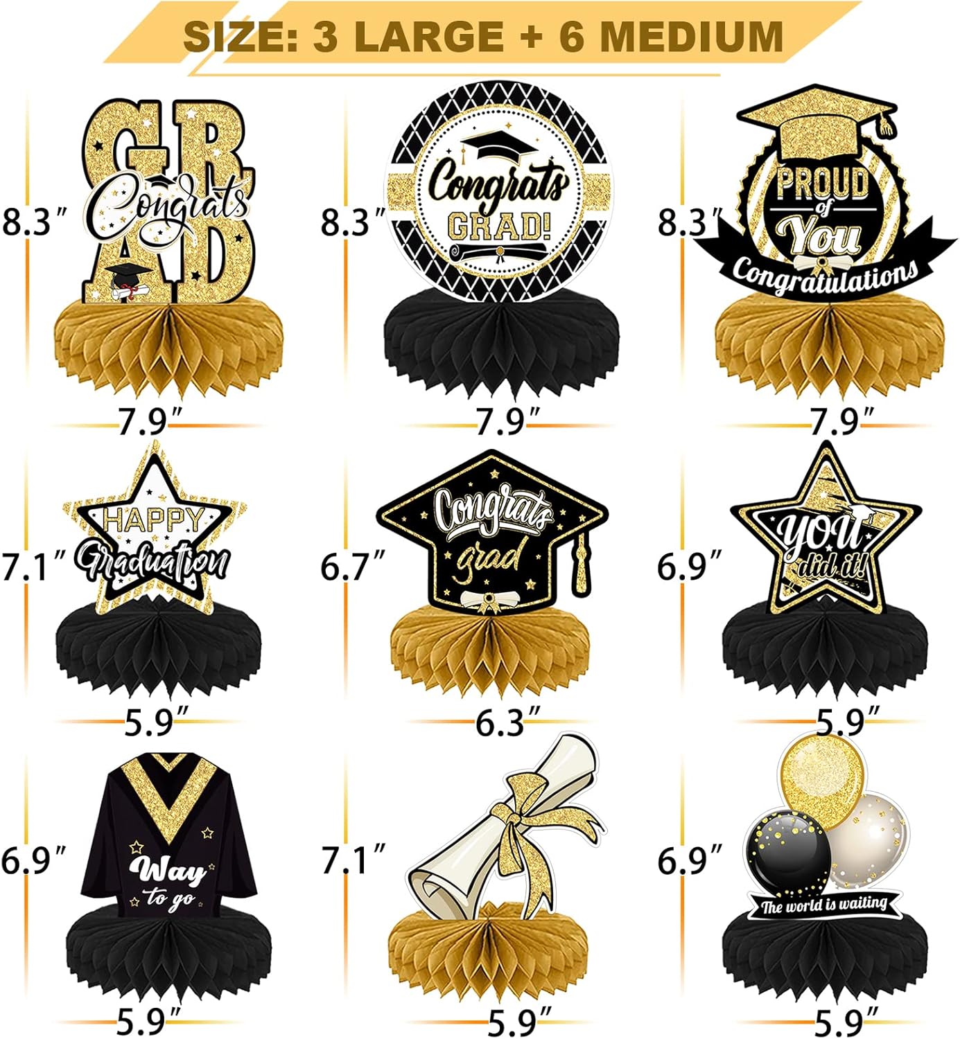 Graduation Party Decorations 9PCS Graduation Centerpieces for Tables 2025 Grad Table Decorations Congrats Honeycomb Table Centerpiece Grad Table Toppers Graduation Party Favors Supplies (Black Gold)