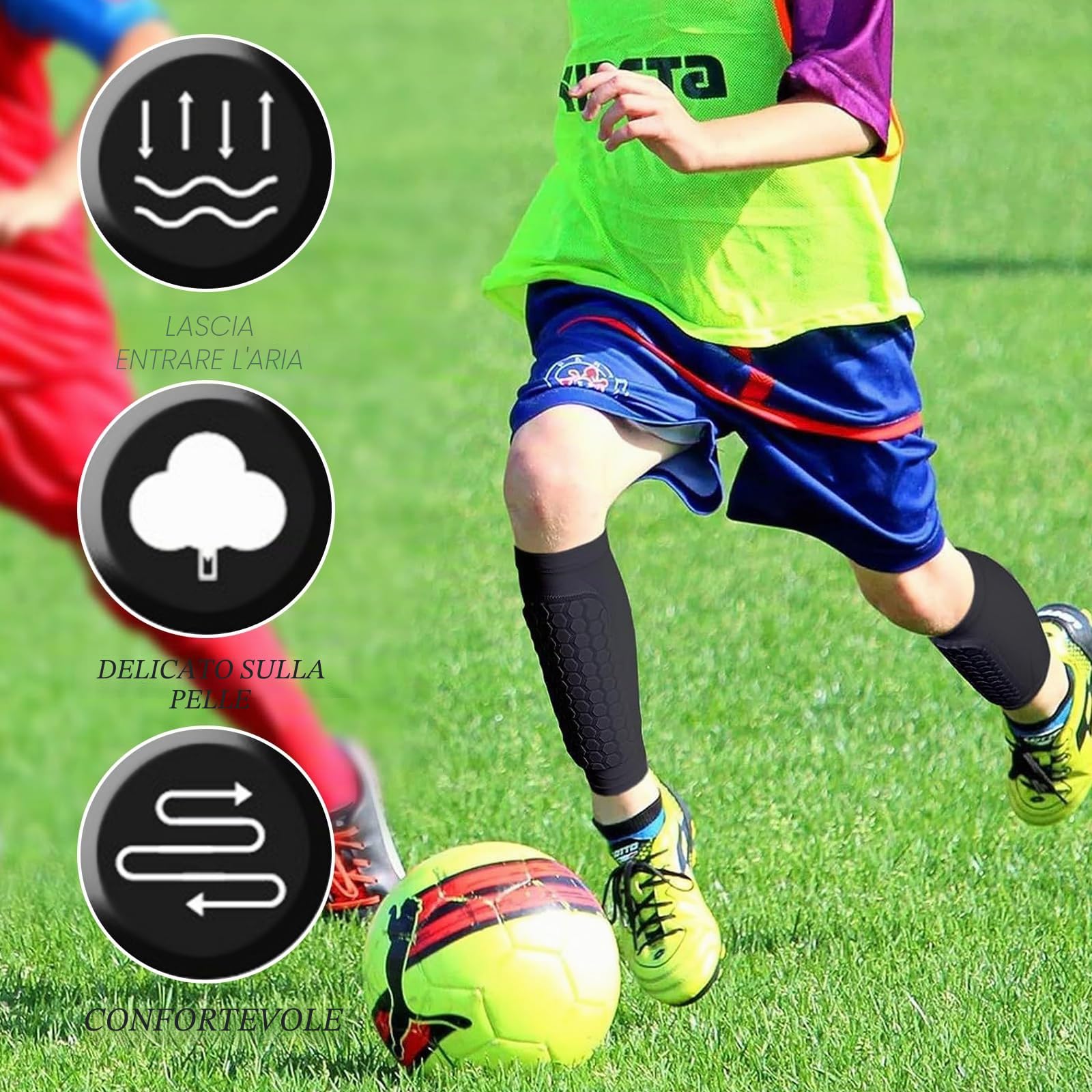 Set di Parastinchi Sport, 1 Paio di Portalastinchi Bambini, & 1 Paio di Calzini Sport Antiscivolo | Set Completo con Antiscivolo per Calcio, Basket, Tennis, Corsa