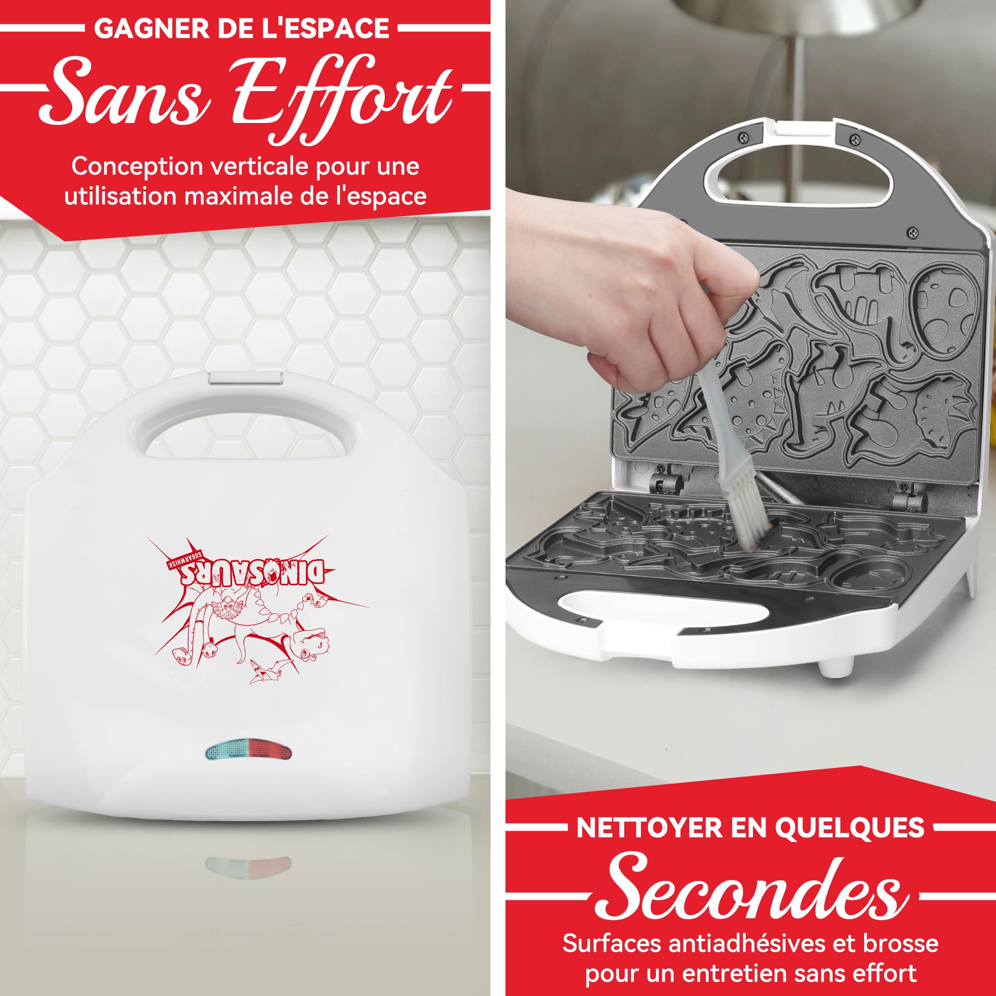 SugarWhisk Mini Gaufrier, Mini Dino Waffle Maker, Gauffrier Multifonctions avec des motifs de dinosaures, Appareil a Gauffre Mignonne, Machine a Gauffre, Créez 8 Gaufrier Dinosaures, Blanc