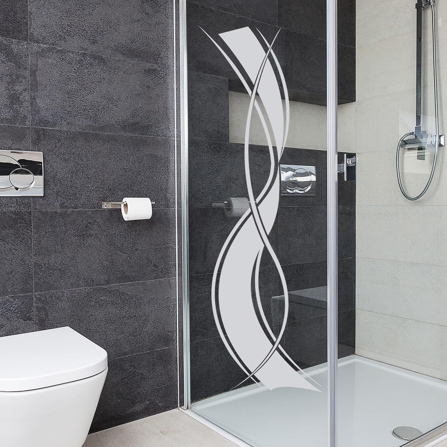 GRAZDesign Fenstertattoo Geschwungene Retro - Streifen, Selbstklebende Fensterfolie für Wohnzimmer Bad, Küche Aufkleber für Glastür & Dusche - 150x57cm / Silbergrau