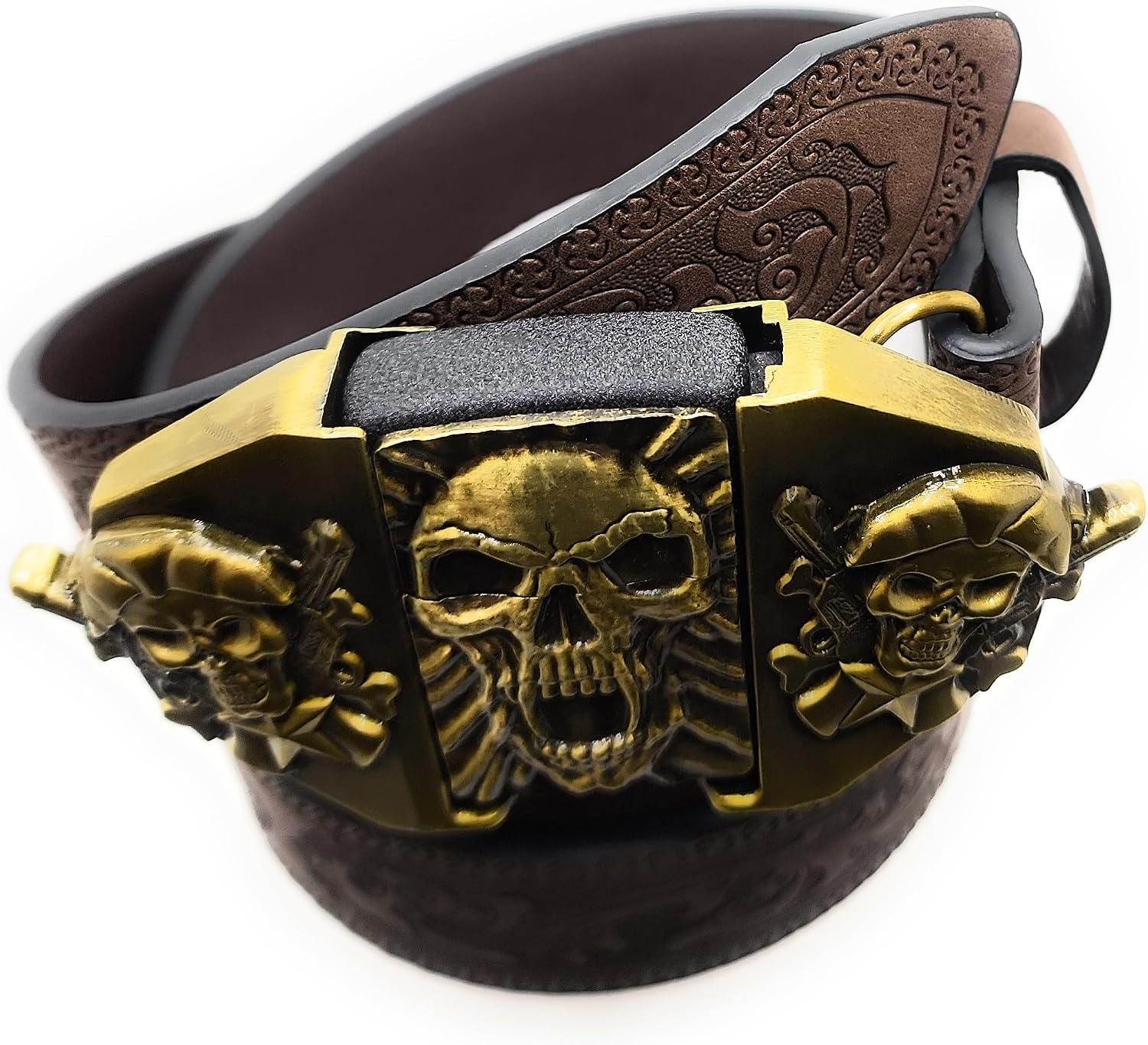 Gold Skull Fangs Lighter Belt Buckle with Brown Embossed Belt Gothic Biker Rocker Western Skull Belt