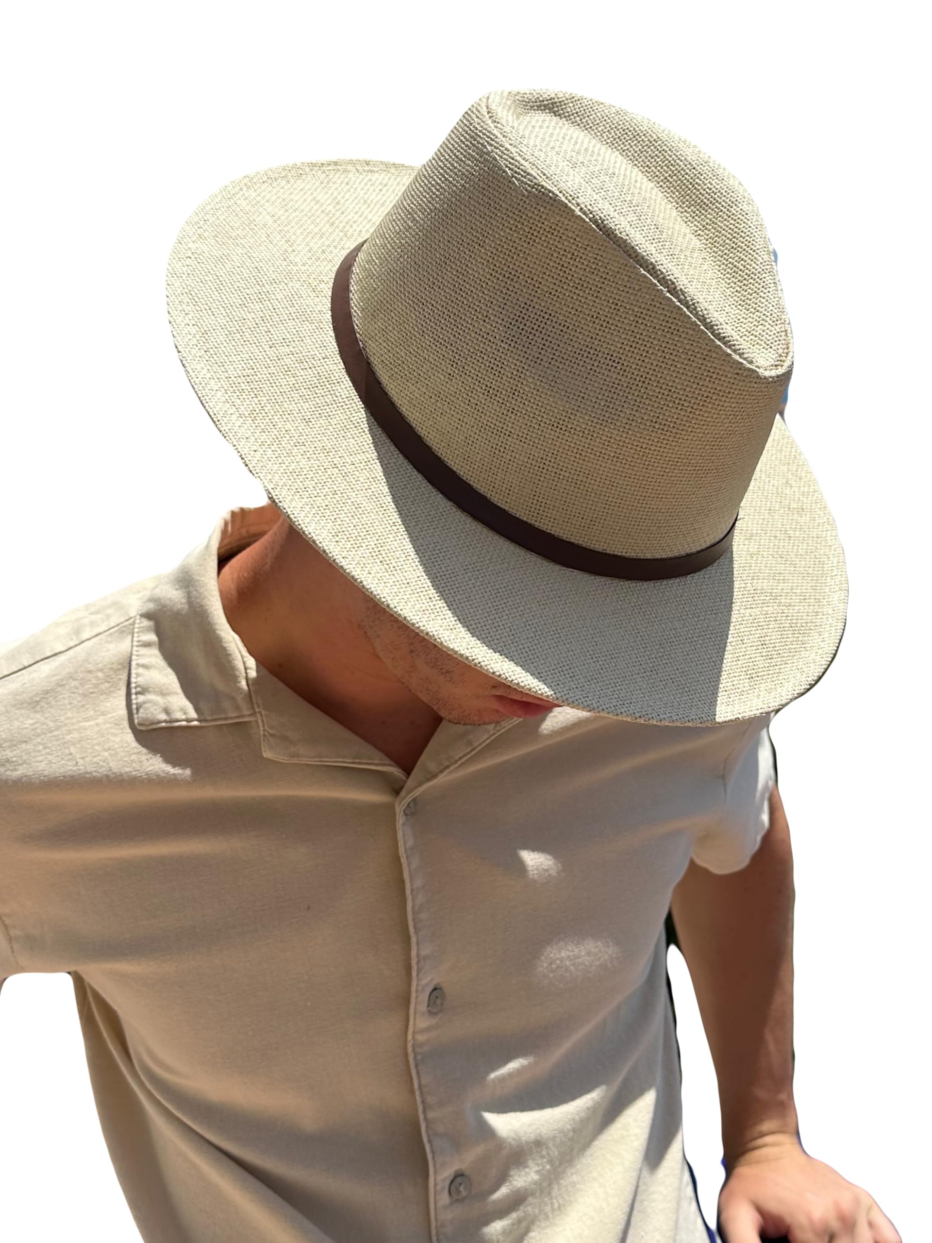 MIGURA Sombrero Blanco Hombre De Paja Protección Solar Panama Pamela Playa Verano Esparto Gorra para Sol Visera Enrollable con Tira Ajustable Marrón Liso