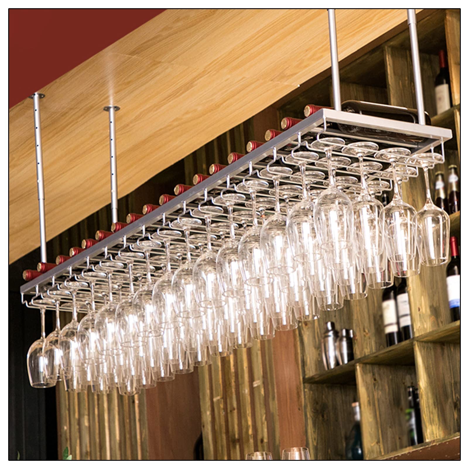 POLGDW Silver Goblet Stemware Rack - Wall-Mounted Ceiling Metal Iron Wine Cup Holder for Elegant Home Decor and Space-Saving Storage Solutions