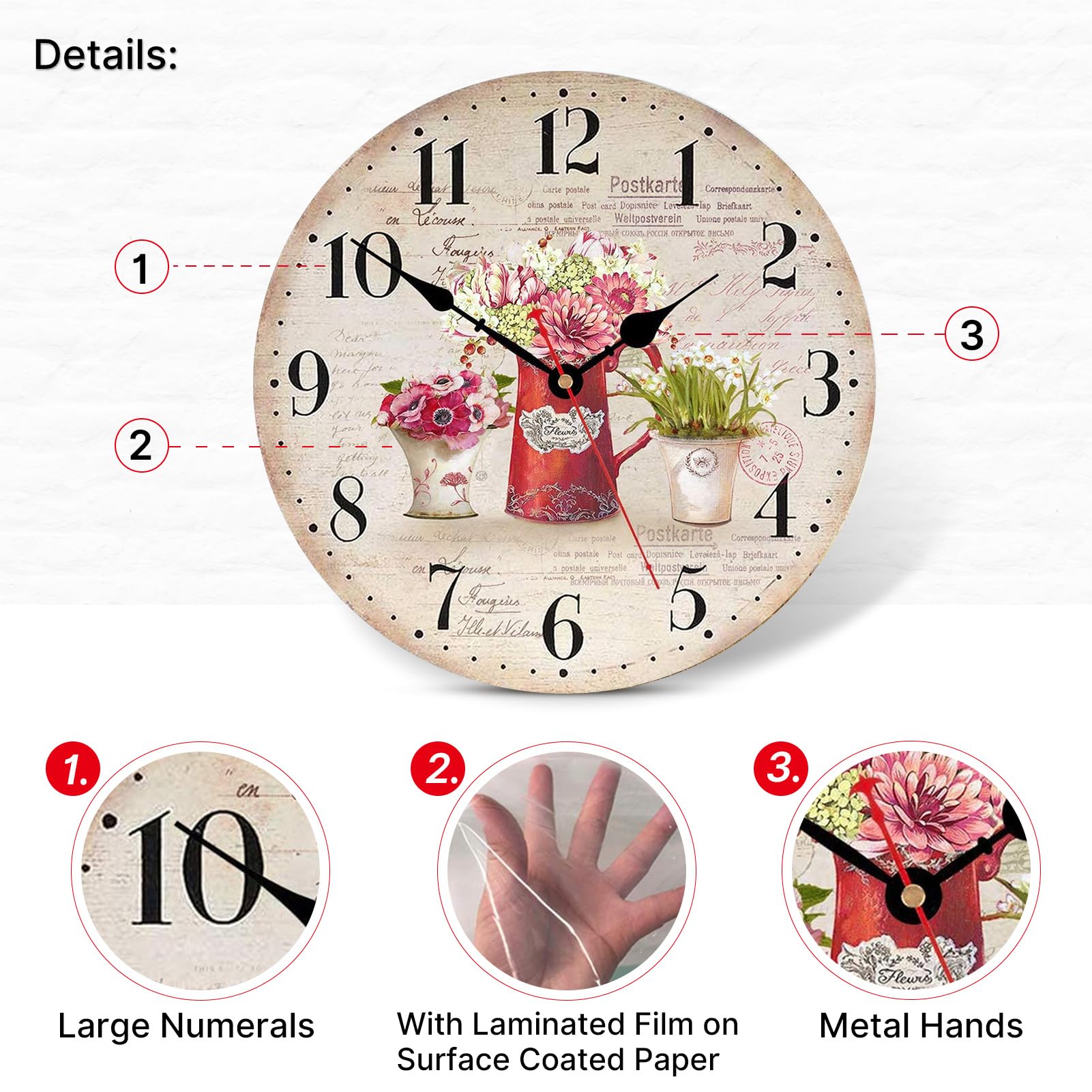 TAHEAT 30 cm Pendule Murale Vintage Fleurs Plantes Horloge Silencieuse Bois