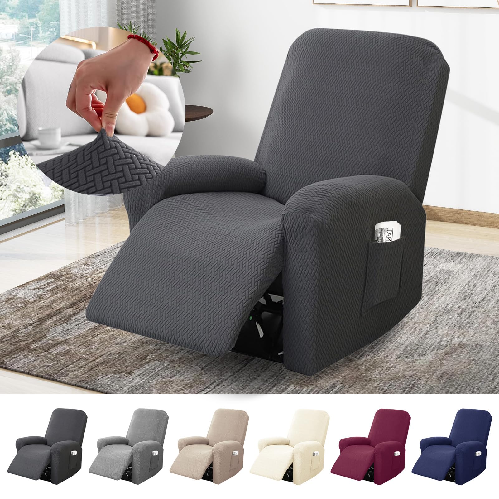 1-Sitzer Sessel Überzug, Sesselbezuge Stretch mit Taschen, All-Inclusive Streifen-Jacquard Sesselschoner für Fernsehsessel Relaxsessel Sesselhusse (Dunkelgrau, 4-Teilig)