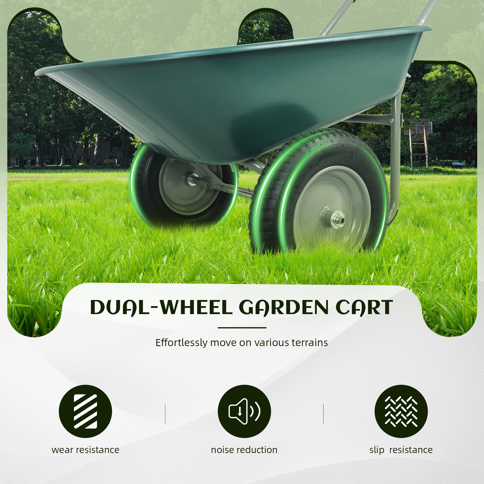 Elevon Chariot de Jardin Robuste pour Usage Domestique, Chariot à Double Roue pour la Maison, Le Jardin, la Cour, avec Support intégré, Couleur Verte