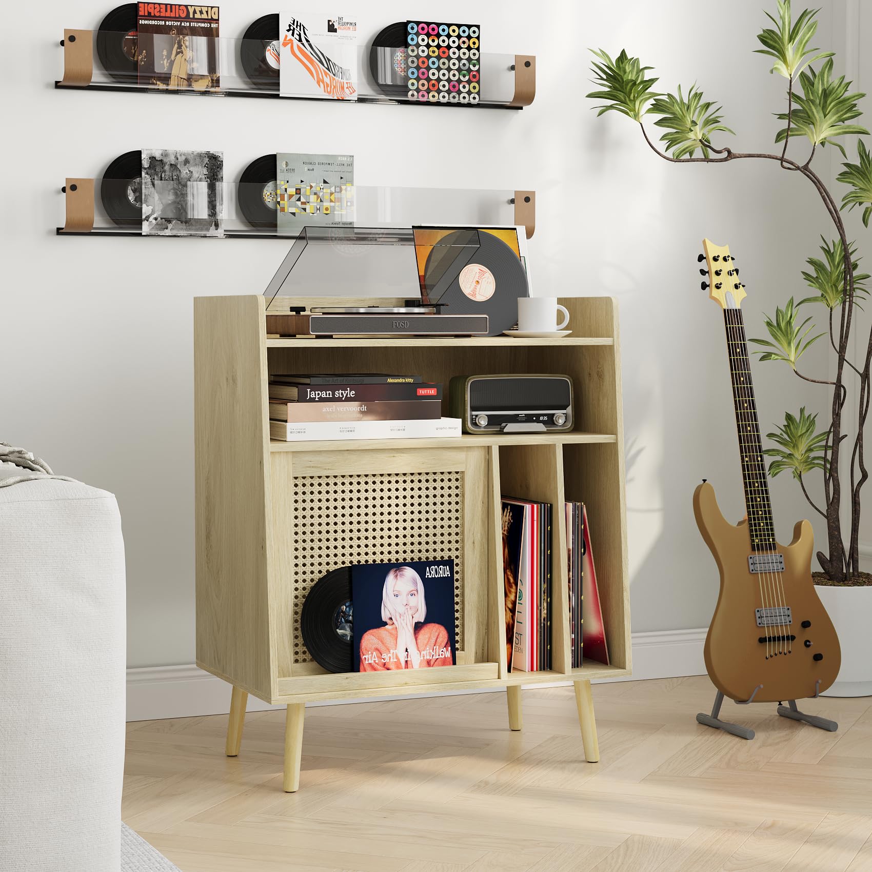 Semiocthome Giradischi con funzione di conservazione in vinile, supporto per dischi con ante in rattan e gambe in legno massello, adatto per giradischi. (grande)
