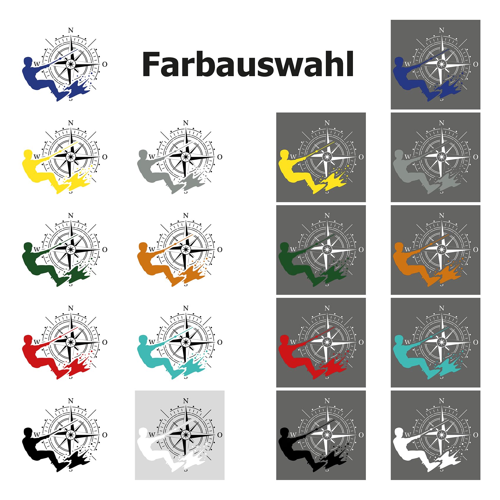Autoaufkleber Kompass Sport Wakeboard 60x69cm Windrose Sticker Folie für Auto Wohnwagen Anhänger Aufkleber Selbstklebend Kfz Zubehör KX072 KX073 (Kompass schwarz, Wakeboard Gelb)