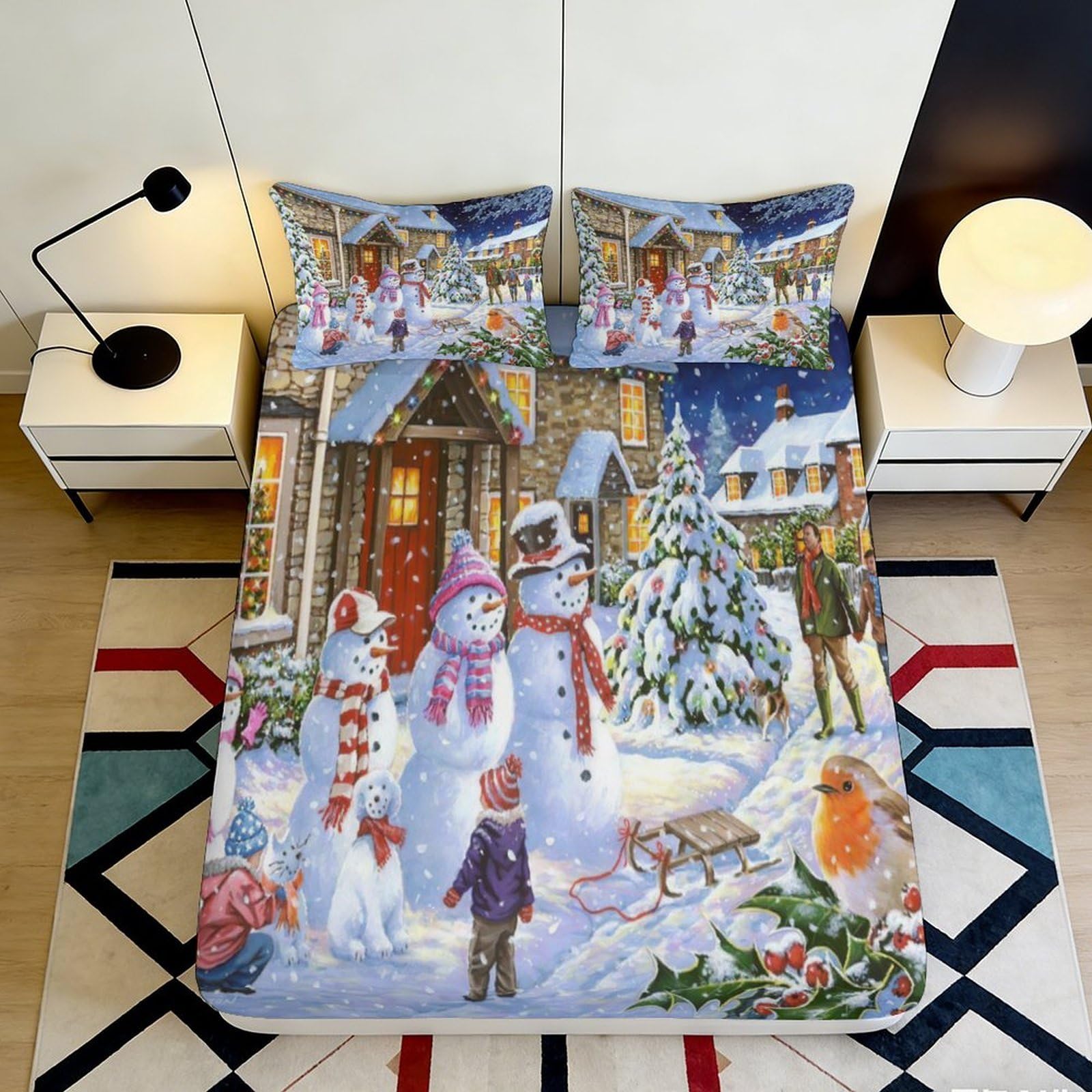 3D Printed Winter Snowman Fitted Sheet Microfiber Soft Christmas Village Mattress Cover Decor for Bedroom Guestroom 90x200x25cm