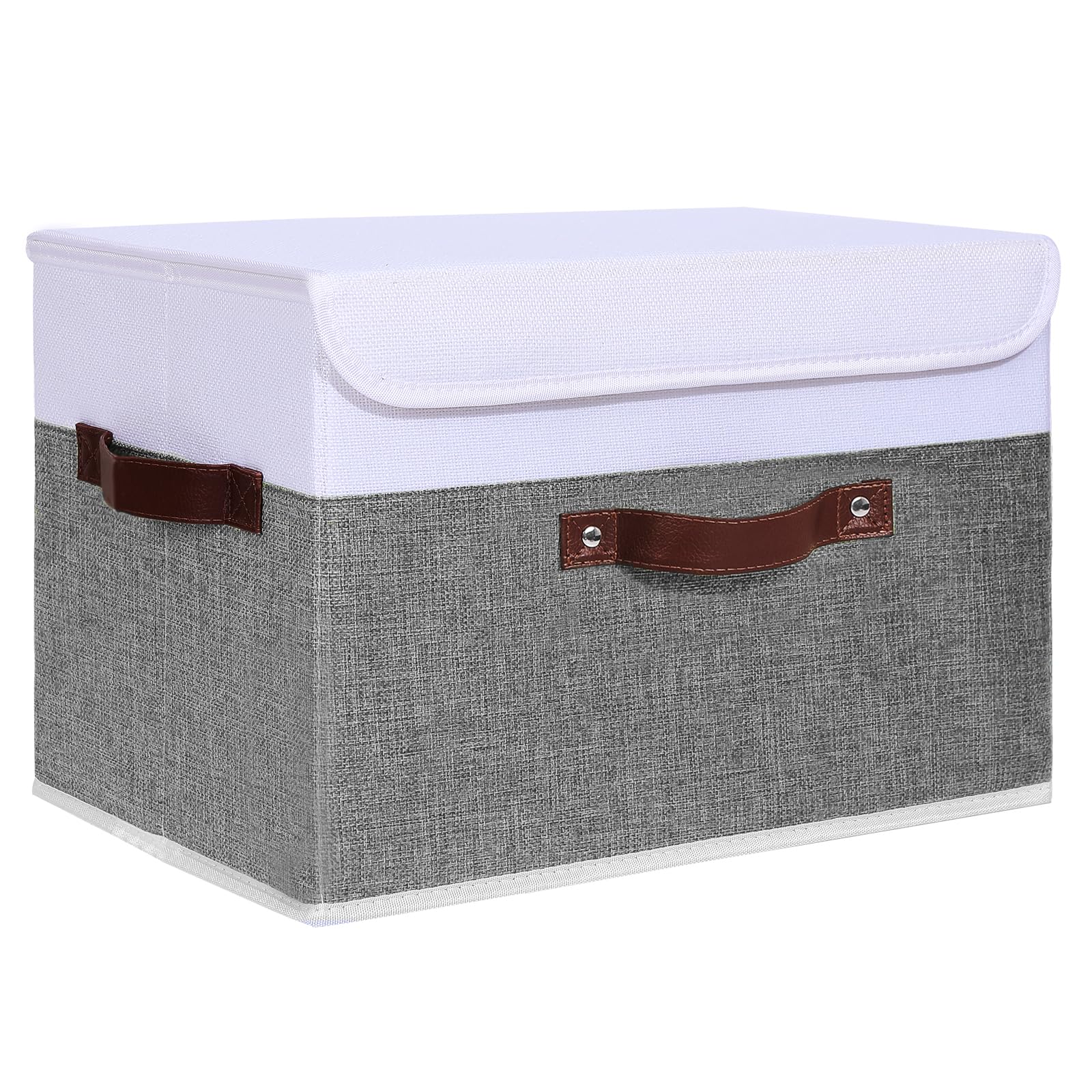 ANMINYStorage Boxes with Lids Washable Decorative Storage Bins Basket with PU Leather Handle Foldable Linen Fabric Storage Cubes Containers for Home Closet Organizer - Gray White, Large Size