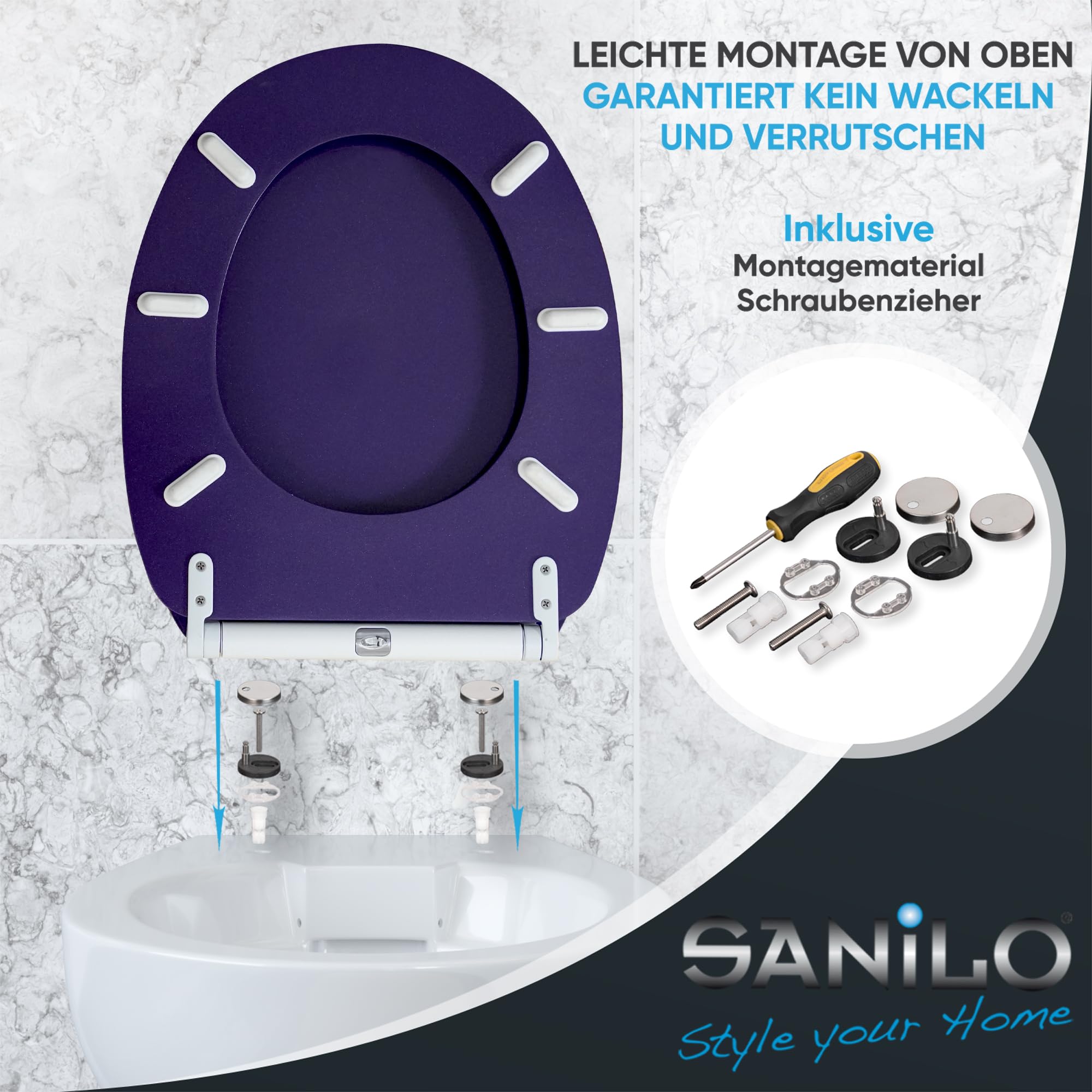 Sanilo WC Sitz mit Absenkautomatik & Schnellverschluss, Toilettendeckel per Knopfdruck abnehmbar, einfache Montage von oben (Glitzer Lila)