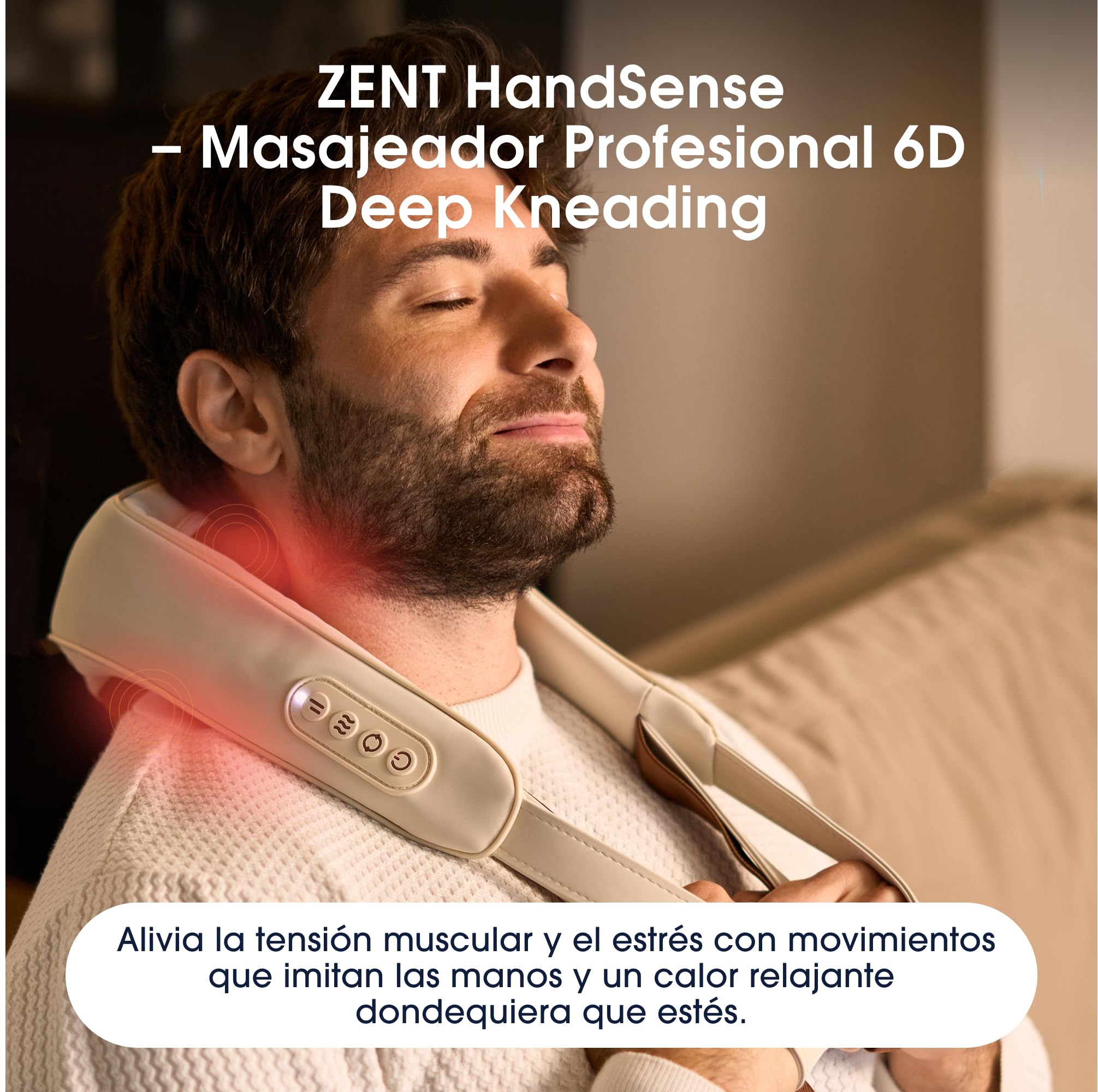 ZENT HandSense Masajeador Cervical y Espalda 6D Inalámbrico con Calor | Shiatsu de Cuello, Hombros y lumbares, 2 Velocidades, Batería 2500 mAh, 90 min