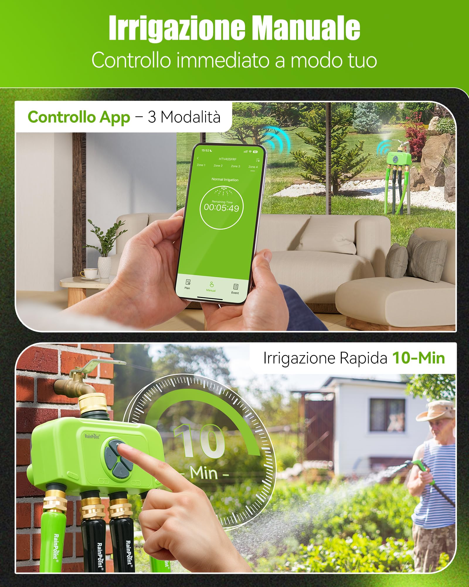 RAINPOINT Programmatore Irrigazione WiFi 4 Zone con Gateway, Centralina Irrigazione Intelligente con Misuratore di Portata, Connettori in Ottone, Controllo App/Voce per Giardino e Prato