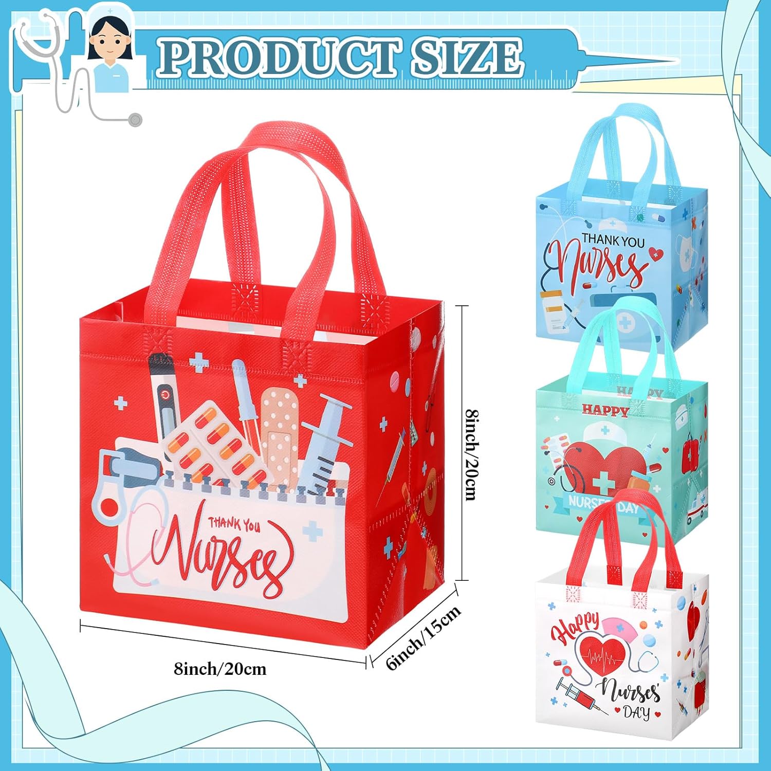 SiliFine 24 Pcs Nurse Appreciation Gifts Bags Thank You Nurses Non Woven Tote Medical Assistant Goodie Bags with Handles for Nurses' Day Party Supplies Graduation Decorations, 8 x 6 x 8 Inches
