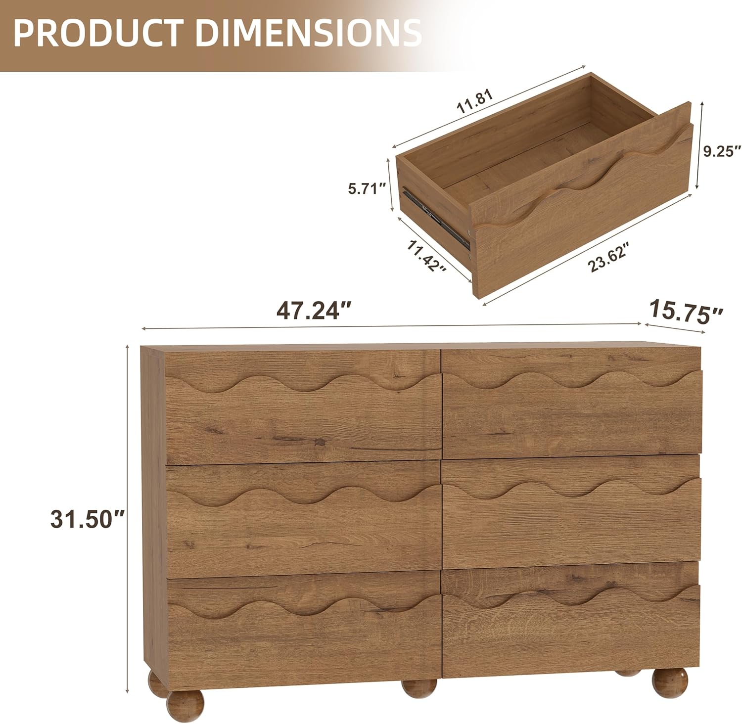 Dresser for Bedroom 6 Drawers Dresser Natural Oak Scalloped, 47" Wide Modern Chest of Drawers with Hidden Handle, Fluted Wood Closet Clothes Storage Organizer, Wooden Dresser for Living Room, Hallway