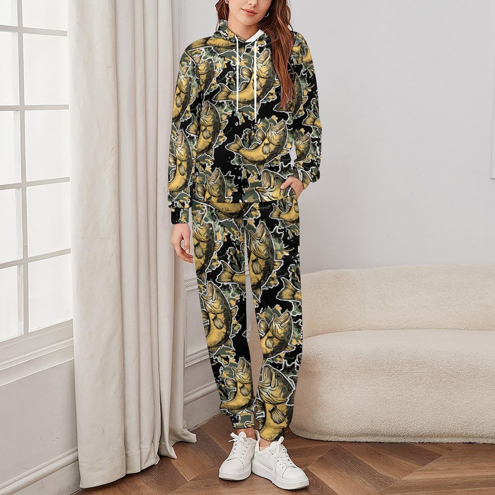 Bass Fish Camouflage Tute per gli Uomini Manica Lunga Felpa Con Cappuccio E Pantaloni Della Tuta Joggers Set Moda Tute