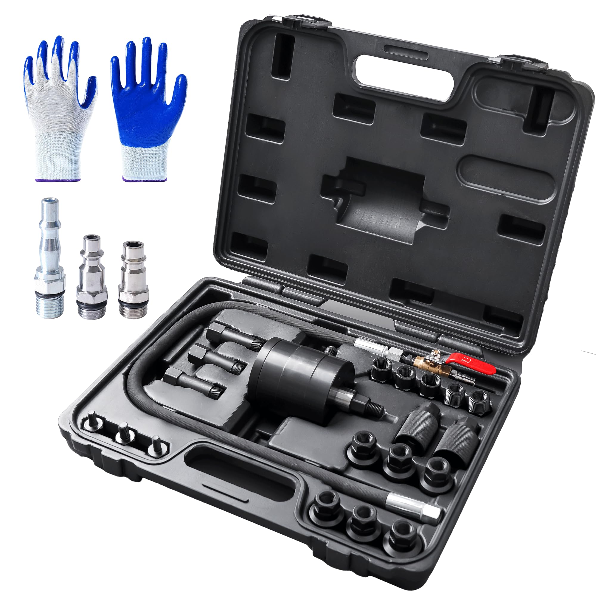 INCENDIOS 24PCS Set Estrattore Iniettori Diesel Pneumatico, Estrattore Pneumatico per Iniettori Diesel con 19 Adattatori & 3 Connettori 1/4" (US/UK/EU), Pressione di Lavoro 5–8 Bar