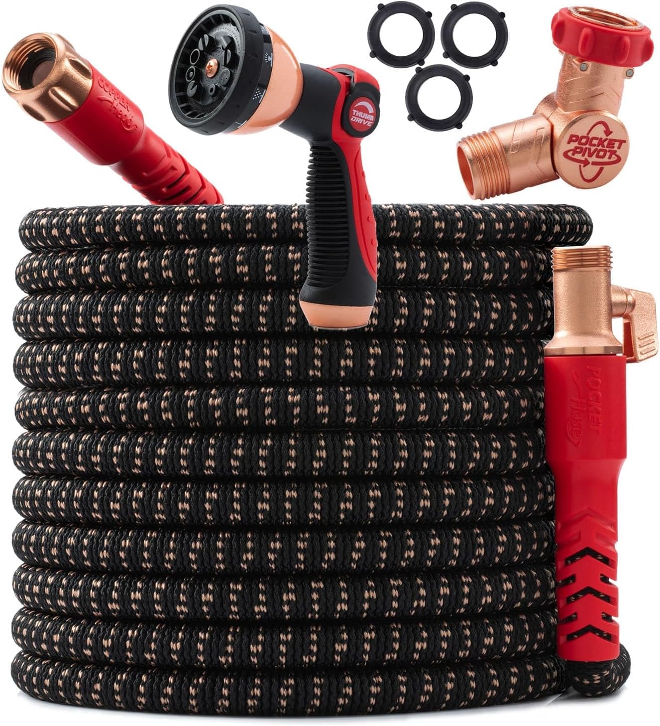 Pocket Hose Copper Head Expandable Garden Hose 100 ft with Pocket Pivot, No Tangles, AS SEEN ON TV, 360° Swivel, Tri-Tex Tubing, Force Field Jacket, Lead-Free, No-Kink, Anti-Burst w/APT