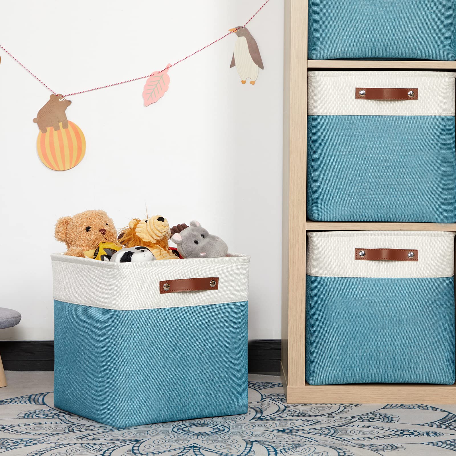 HNZIGE Aufbewahrungskörbe aus Stoff, 33 cm, würfelförmige Aufbewahrungskörbe mit Griffen (4 Stück), Schrank, Kinderzimmer (blaugrünweiß)
