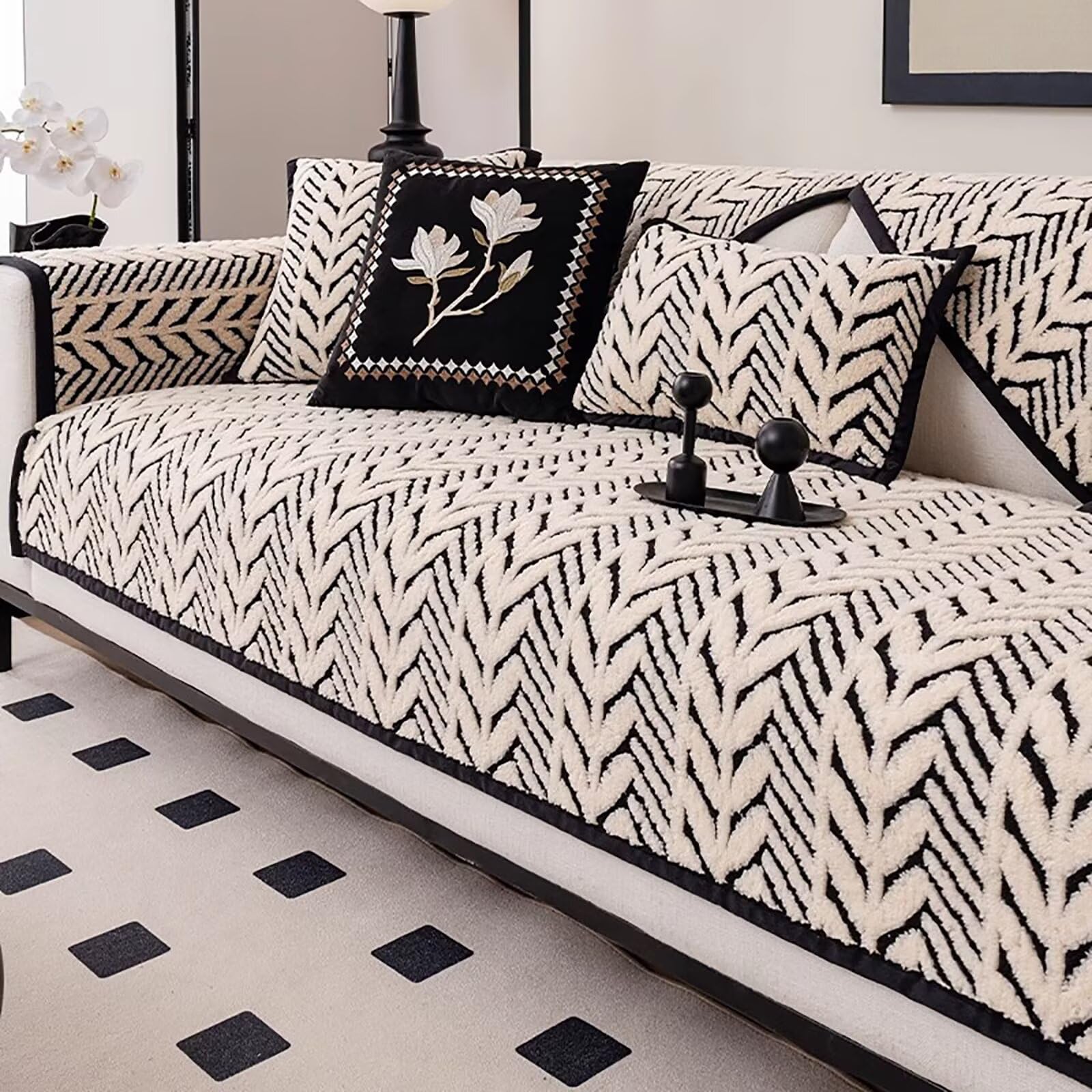 L Shape Sofa Cover for 12 3 4 Seaters Non-Slip Couch Slipcover Furniture Protector Thick Textured Cushion Covers for Living Room Black 90x90cm